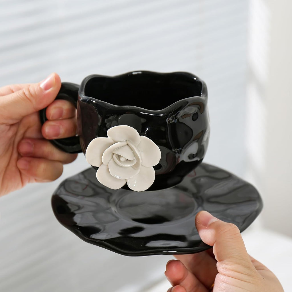 Cute Black with White Flowers Ceramic Cups, Unique Fancy Tea Cups with Saucer, 11OZ