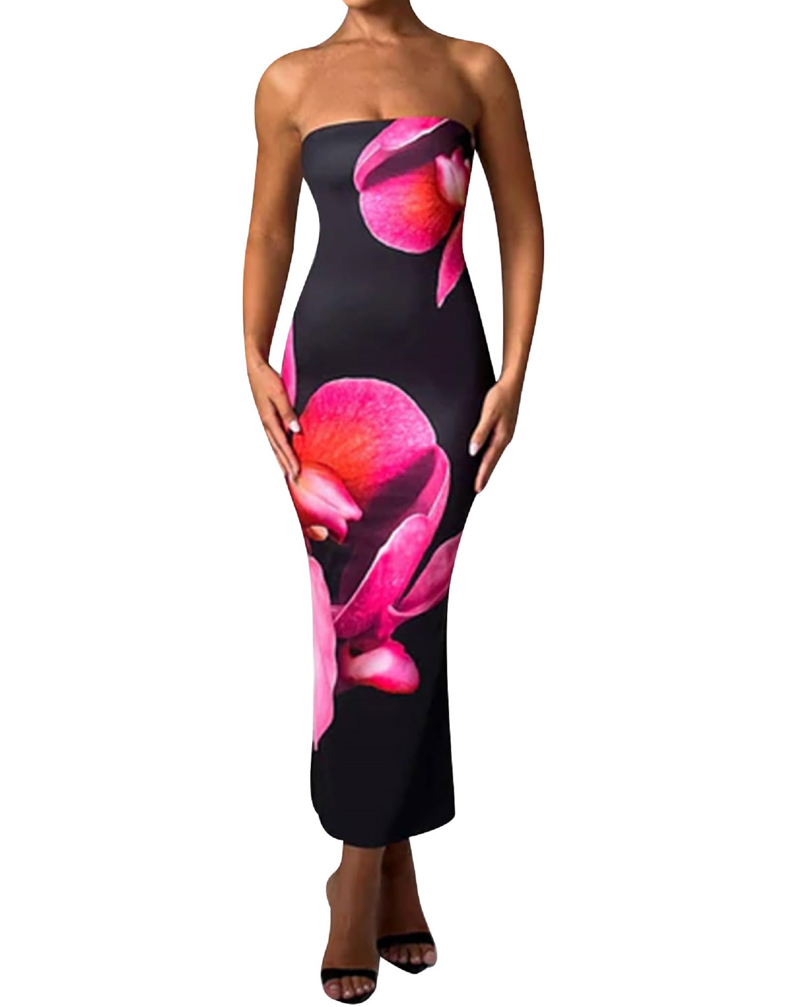 Women Floral Strapless Maxi Dress Sexy Bodycon Backless Tube Long Dress Summer Off Shoulder Cocktail Dresses