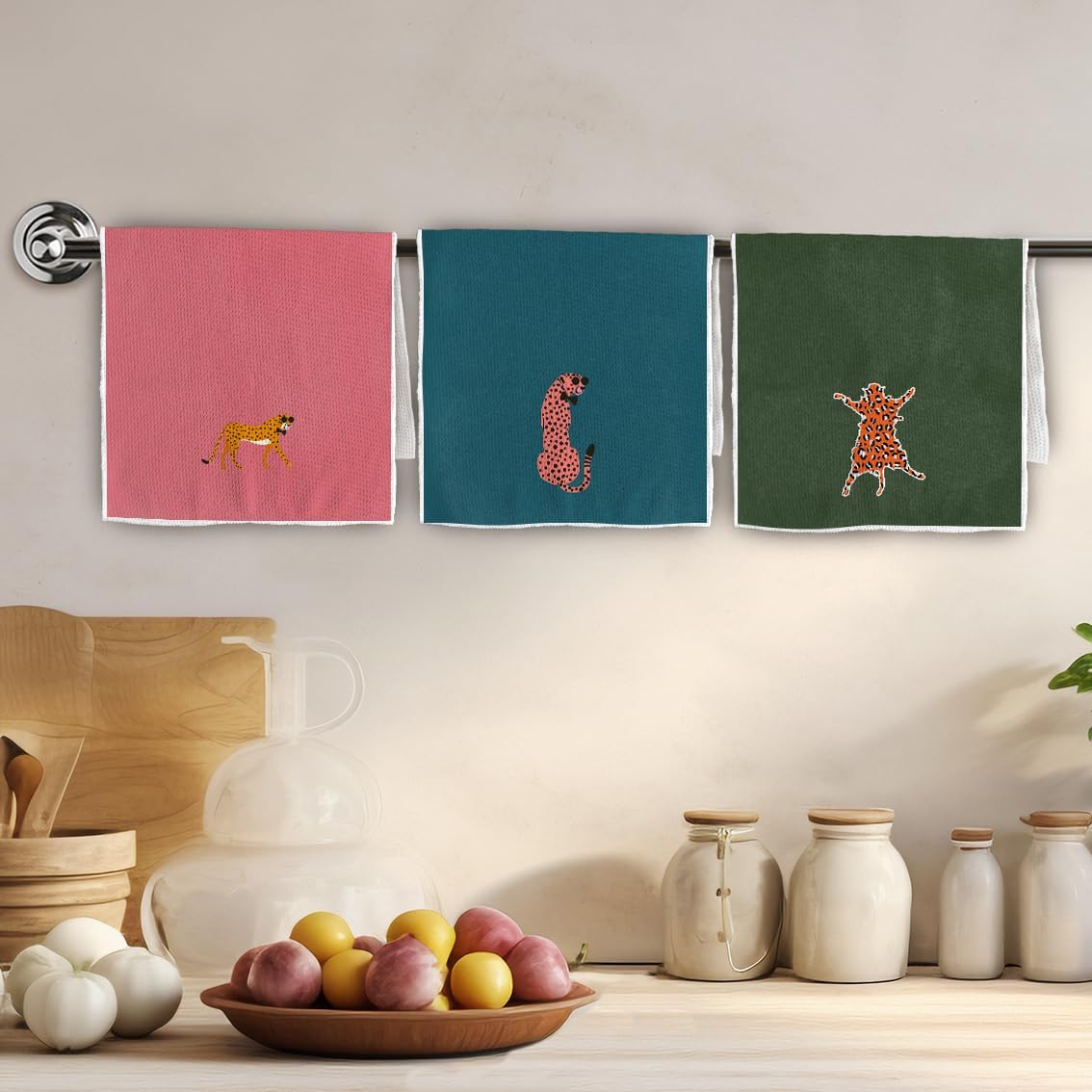Hot Pink Blue Green Cheetah Kitchen Towels - Set of 3, Leopard Kitchen Towels Dish Towels Dishcloth Colorful Abstract Cheetah Hand Tea Towels for Kitchen Bathroom Decor (16X24In)