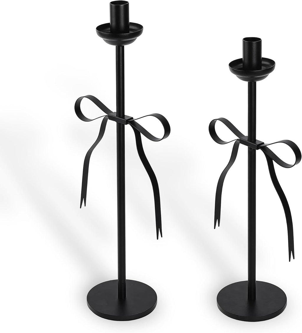 Elegant Black Taper Candlestick Holders, Set of 2 Bow Candle Stick Holders