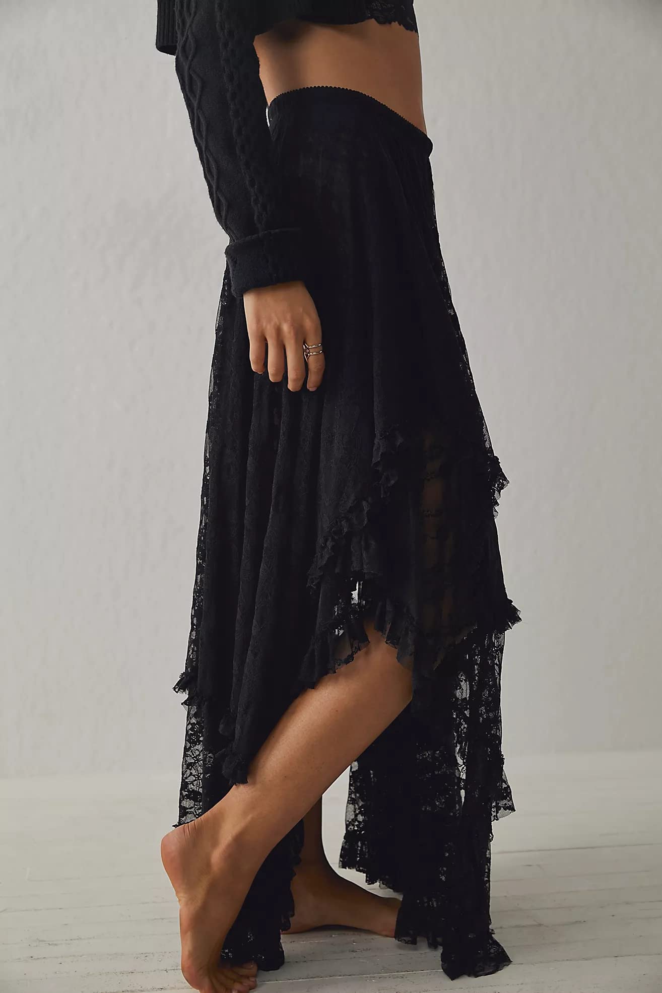 Women Lace Long Skirts Summer Elastic Asymmetrical Layered Hem Sexy See-Through Beach Floral Maxi Skirts