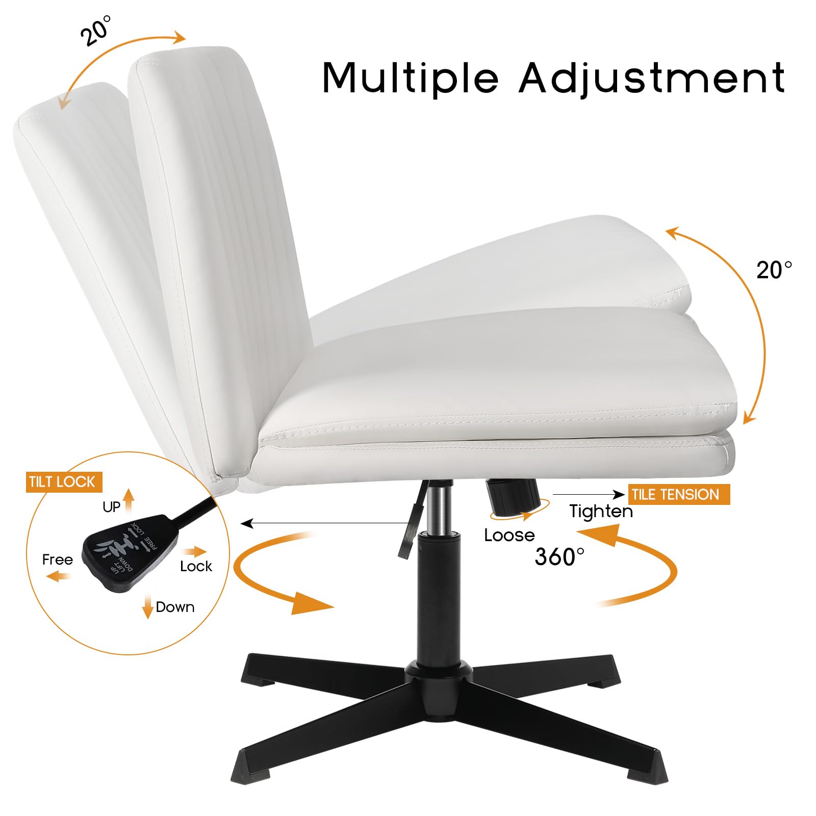 Criss Cross Chair, Armless Cross Legged Office Desk Chair No Wheels, Fabric Padded Modern Swivel Height Adjustable Mid Back Wide Seat