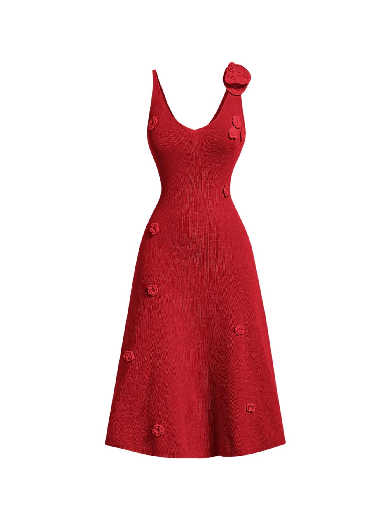 Women's 3D Flower Backless Sweater Dress Sleeveless Slim Fit Flared Hem Midi Dresses