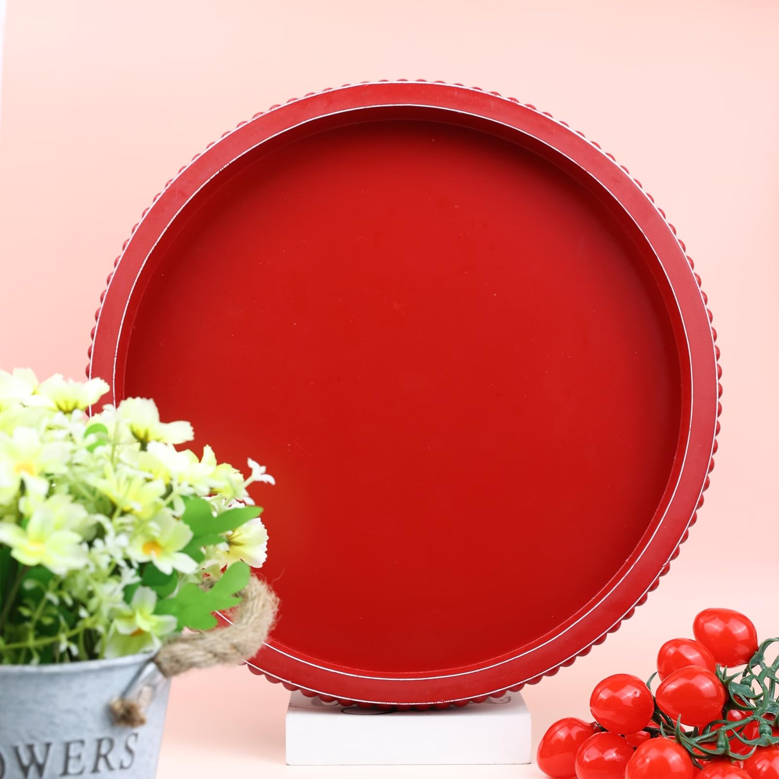 Round Wood Decorative Ottoman Tray for Coffee Table Kitchen Counter, Living Room, Handcrafted Wooden Serving Tray for Table Centerpiece