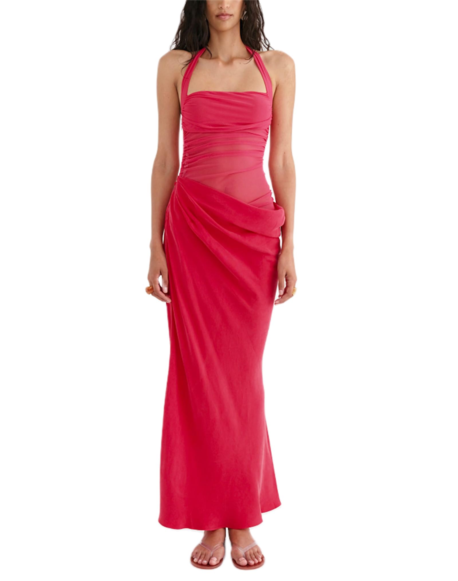 Women Sexy Hollow Out Maxi Dress Sleeveless Backless Lace Pachwork Bodycon Long Dress Y2k Dress