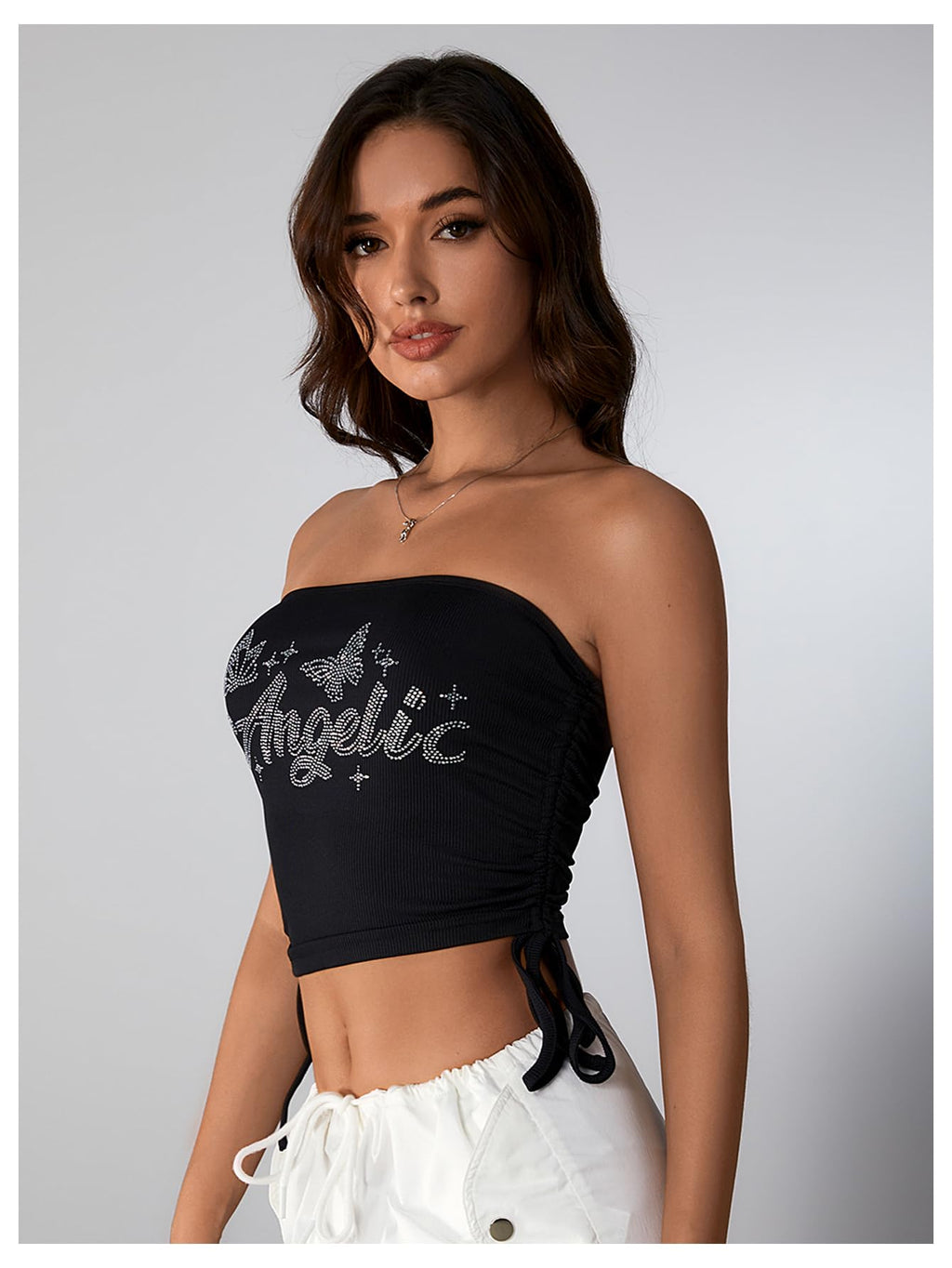 Women's Y2K Tube Tops Rhinestone Strapless Sleeveless Graphic Crop Tops