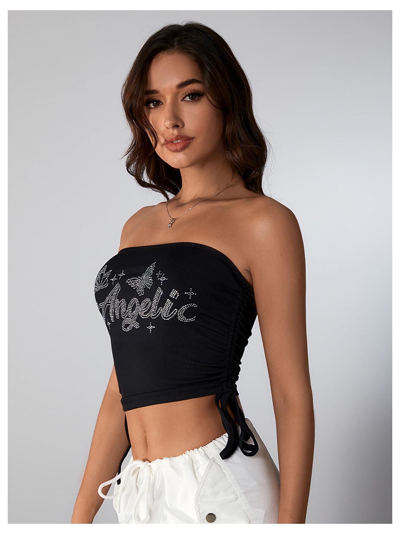 Women's Y2K Tube Tops Rhinestone Strapless Sleeveless Graphic Crop Tops