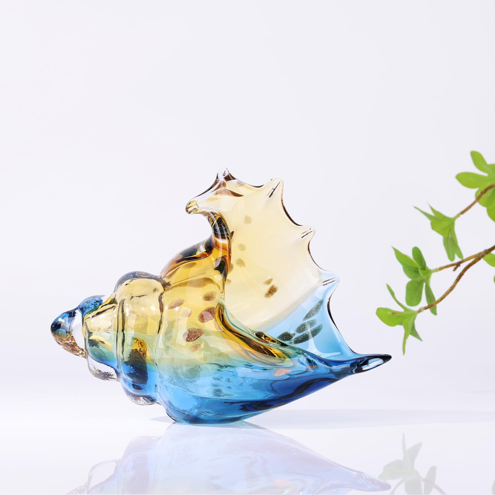 Hand Blown Glass Conch - Coastal Home Decor Conch Corners, Glass Art Conch Sculptures, Office Decor Blown Glass Art, Living Room Table Centerpieces, Bathroom Shelf Tops And Cabinet Decor