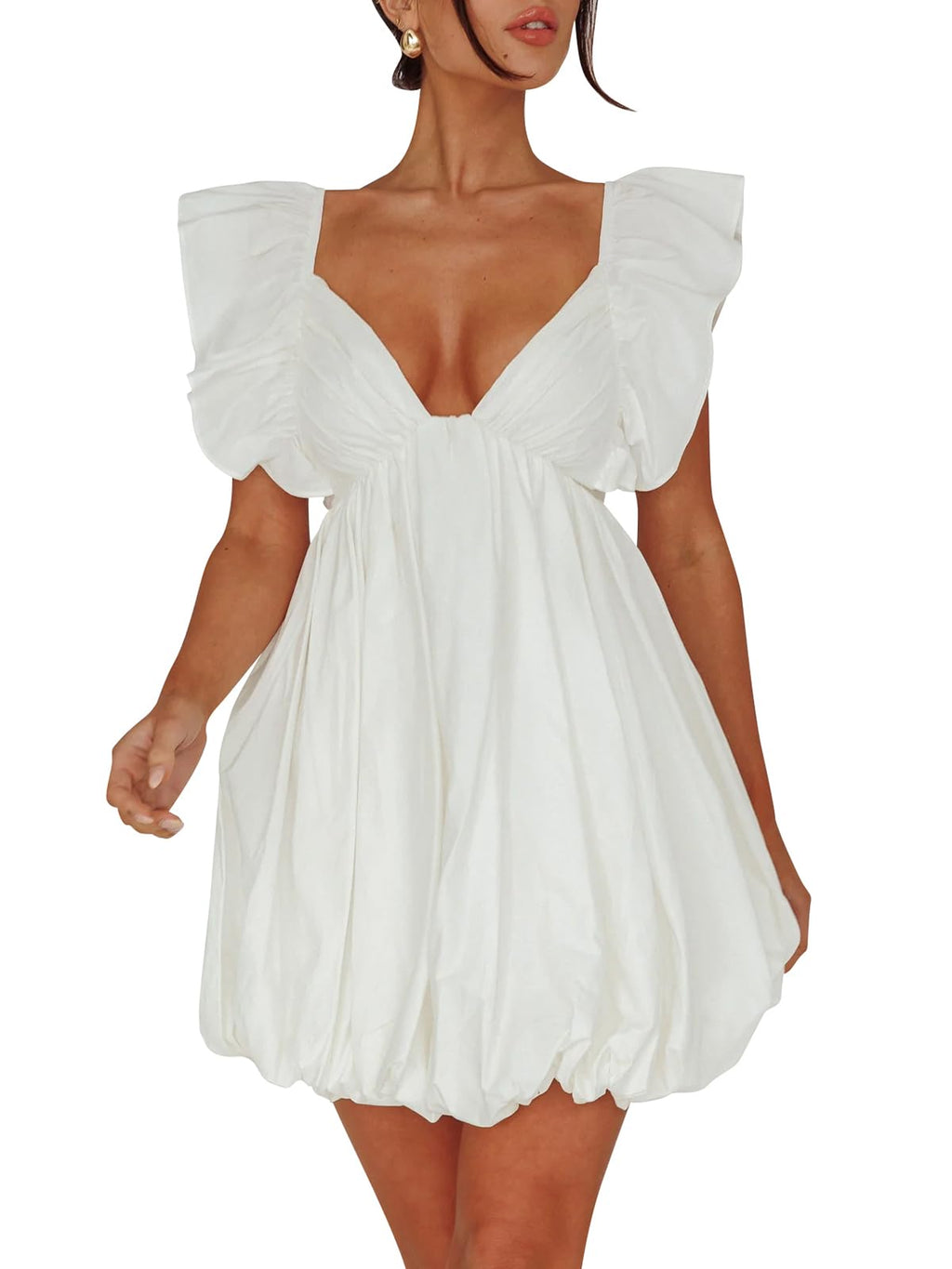 Summer Mini Deep V-Neck Babydoll Dress â€?Backless Lace-Up Sexy Bubble Dress
