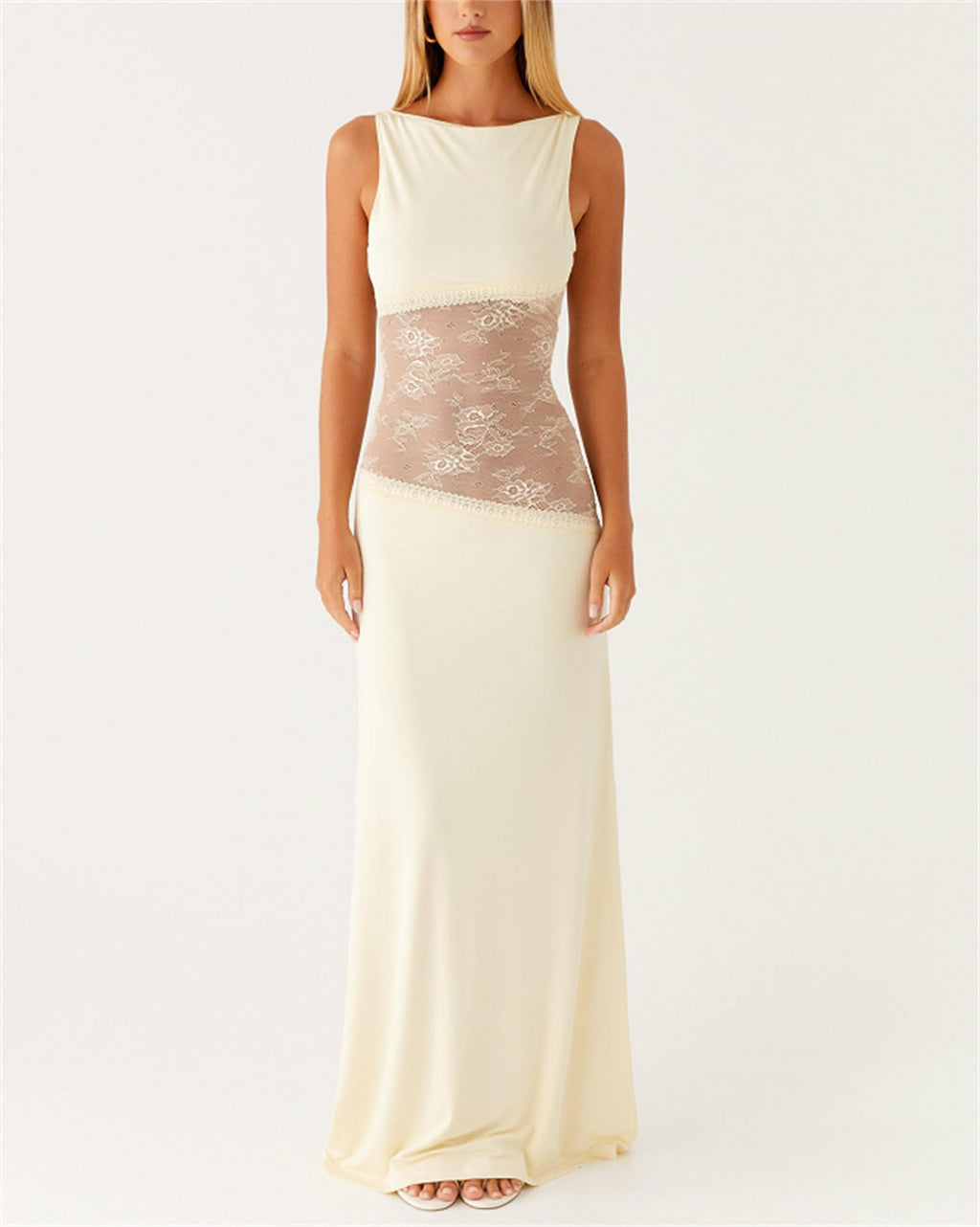 Women Sexy Hollow Out Maxi Dress Sleeveless Backless Lace Pachwork Bodycon Long Dress Y2k Dress