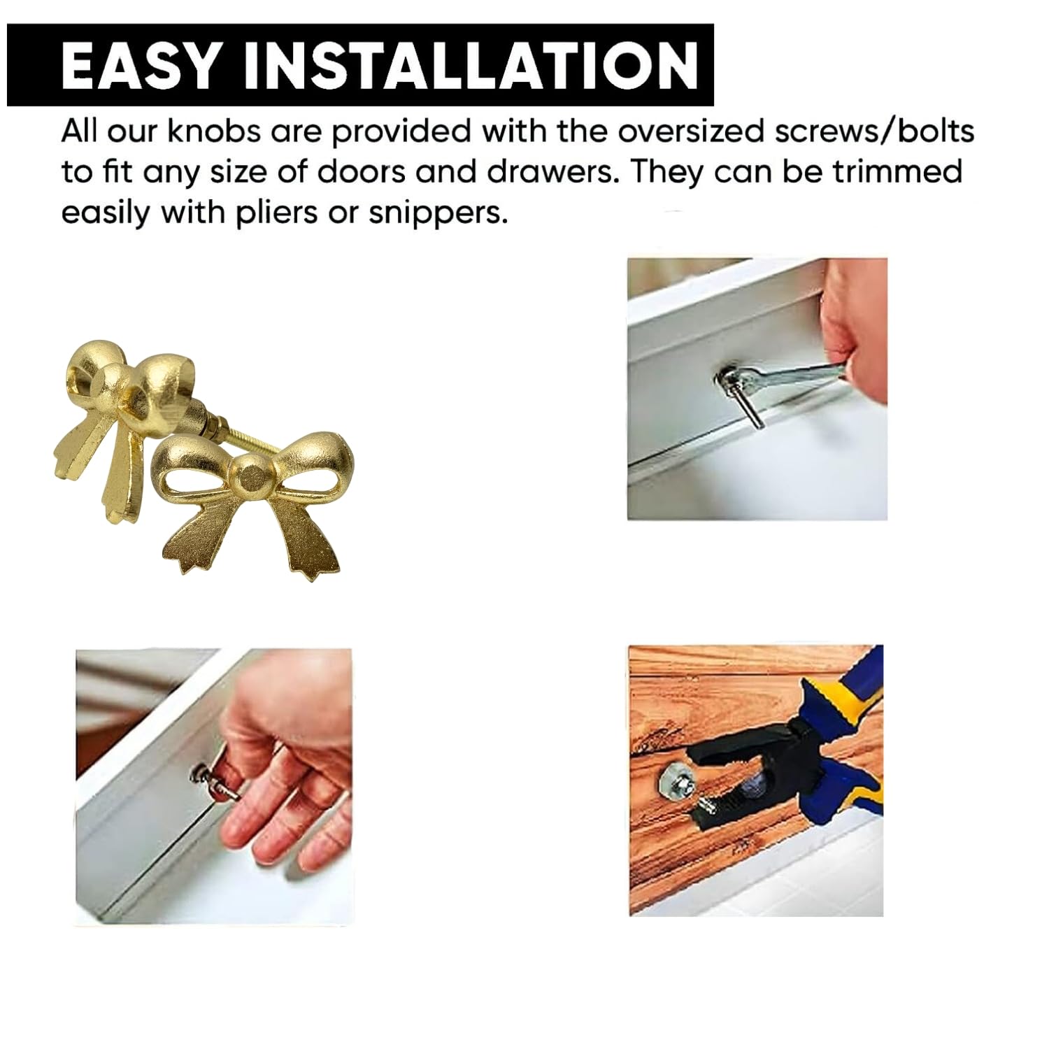 Set of 6 Metal Door Knobs - Decorative Door Knobs Bow Tie Handle with Screw | Cupboard Drawer Wardrobe Pulls (2.25" x 1.25" x 1.1") Gold