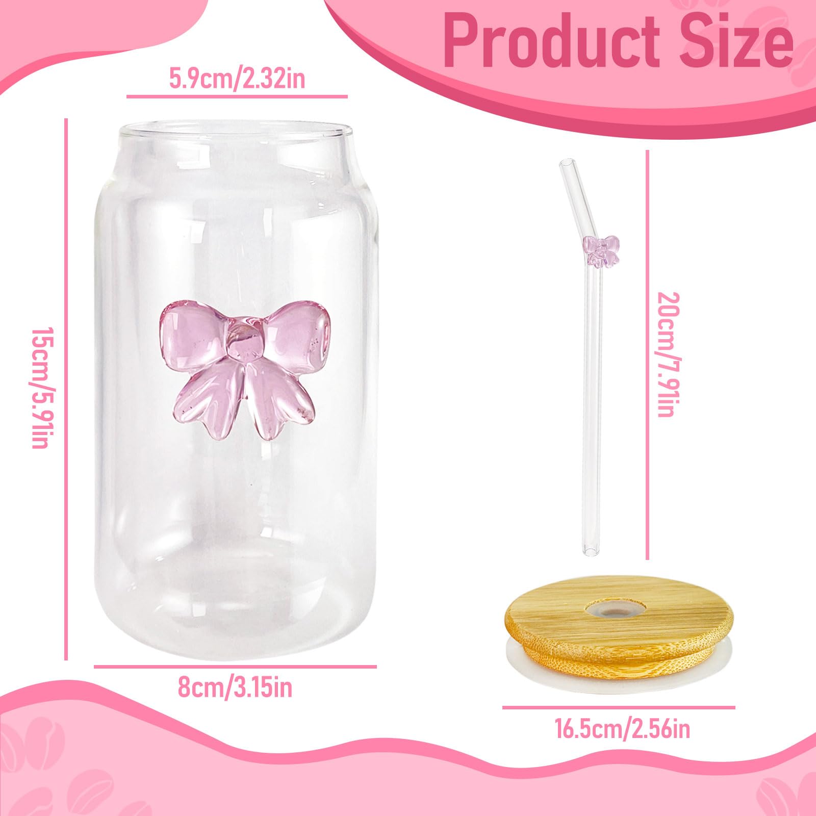 Coquette Aesthetic 3D Pink Bow Glass Cup with Bamboo Lid & Straw,16oz Cute Glass Cups with Lids and Straws,Bow Tumbler for Iced Coffee/Matcha, with１Cleaning Brush