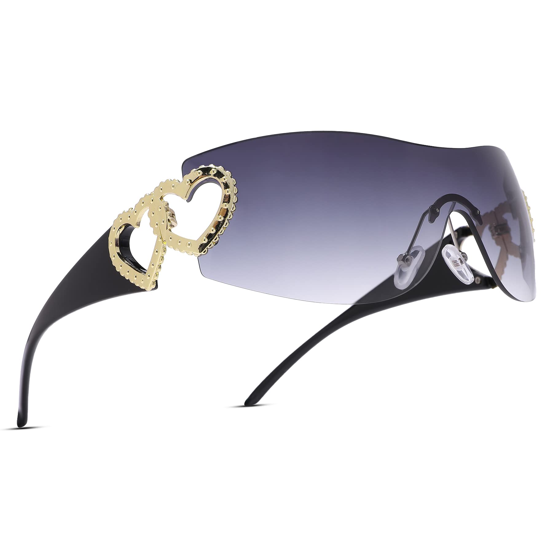Wrap Around Heart Rhinestones Rimless Sunglasses Women Men, Oversized Fashion Futuristic Sun Glasses Cool Shade 2000S Trendy