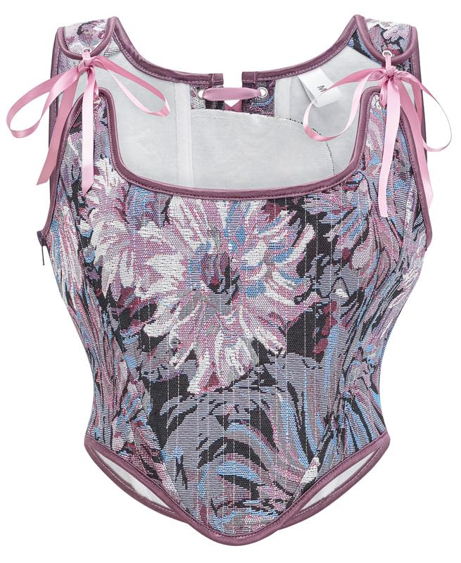 Womens Vintage Asymmetrical Hem Overbust Corset Tie Front Lace-up Back Bustier Shapewear Top