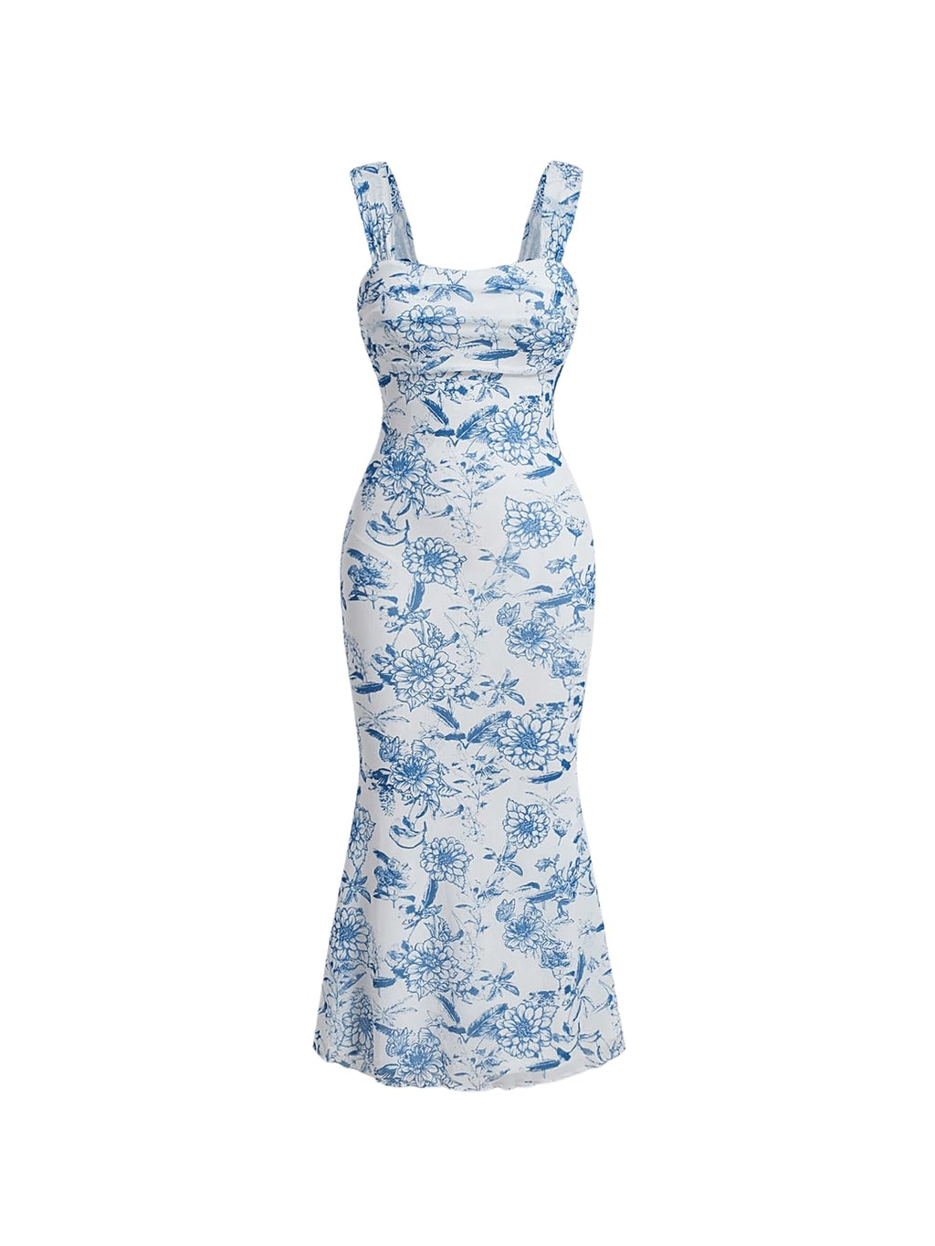 Women's Floral Ruched Bodycon Summer Wedding Guest Dress Mesh Fishtail Cocktail Midi Sun Dresses