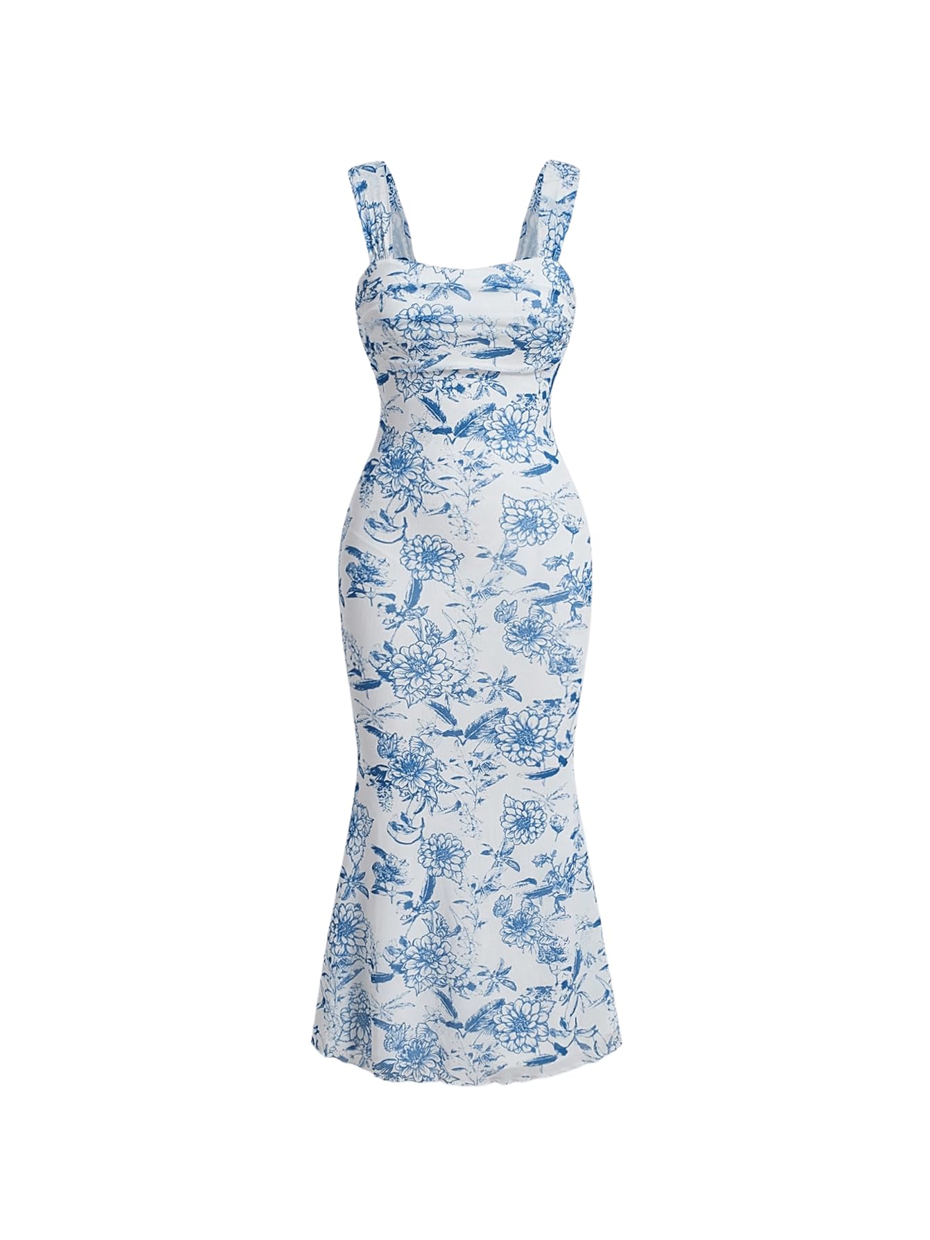 Women's Floral Ruched Bodycon Summer Wedding Guest Dress Mesh Fishtail Cocktail Midi Sun Dresses