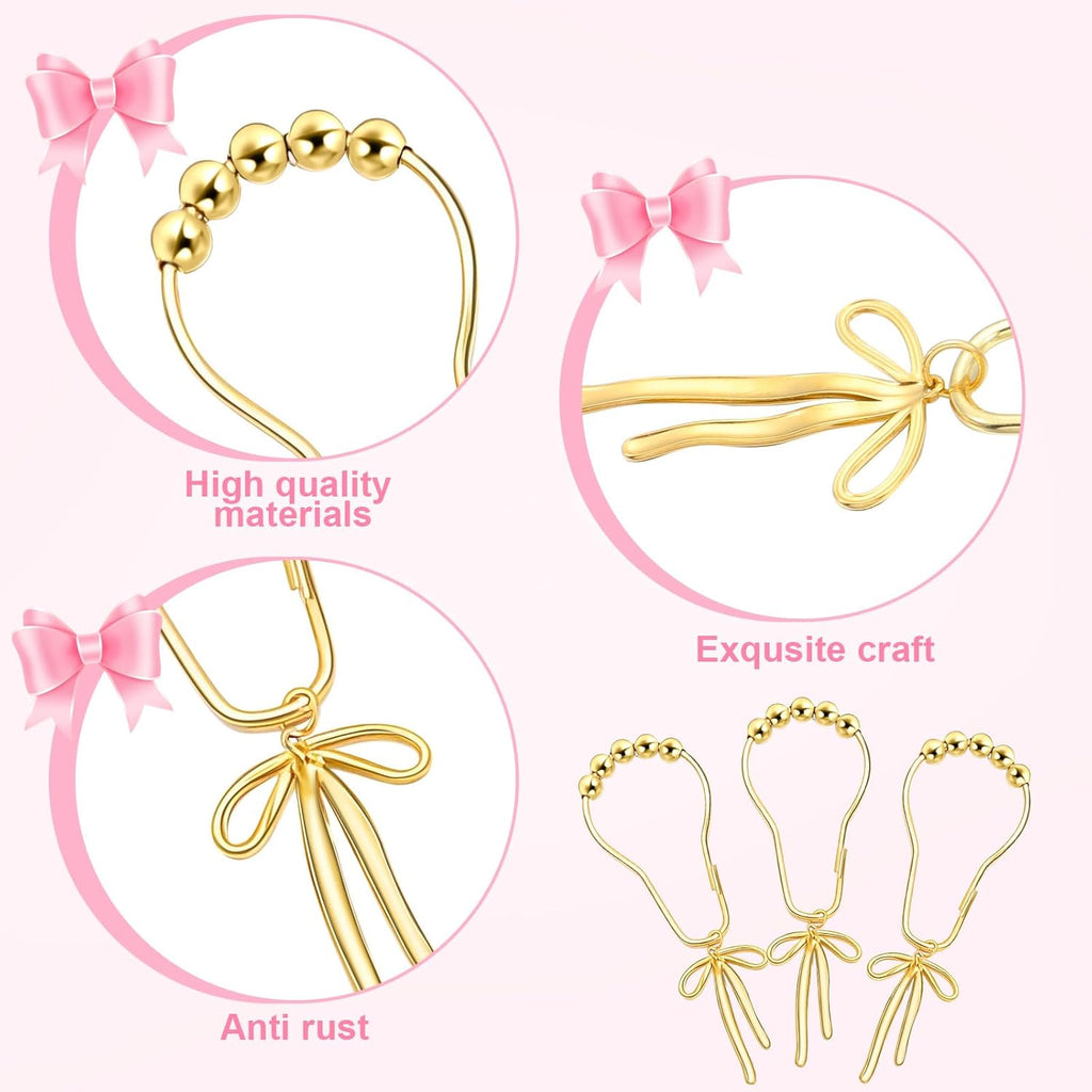 Gold Bow Knot Shower Curtain Hooks Rustproof Metal Decorative Bow Knot Shower Hangers Bulk Glide Curtain Rings 12 Pcs
