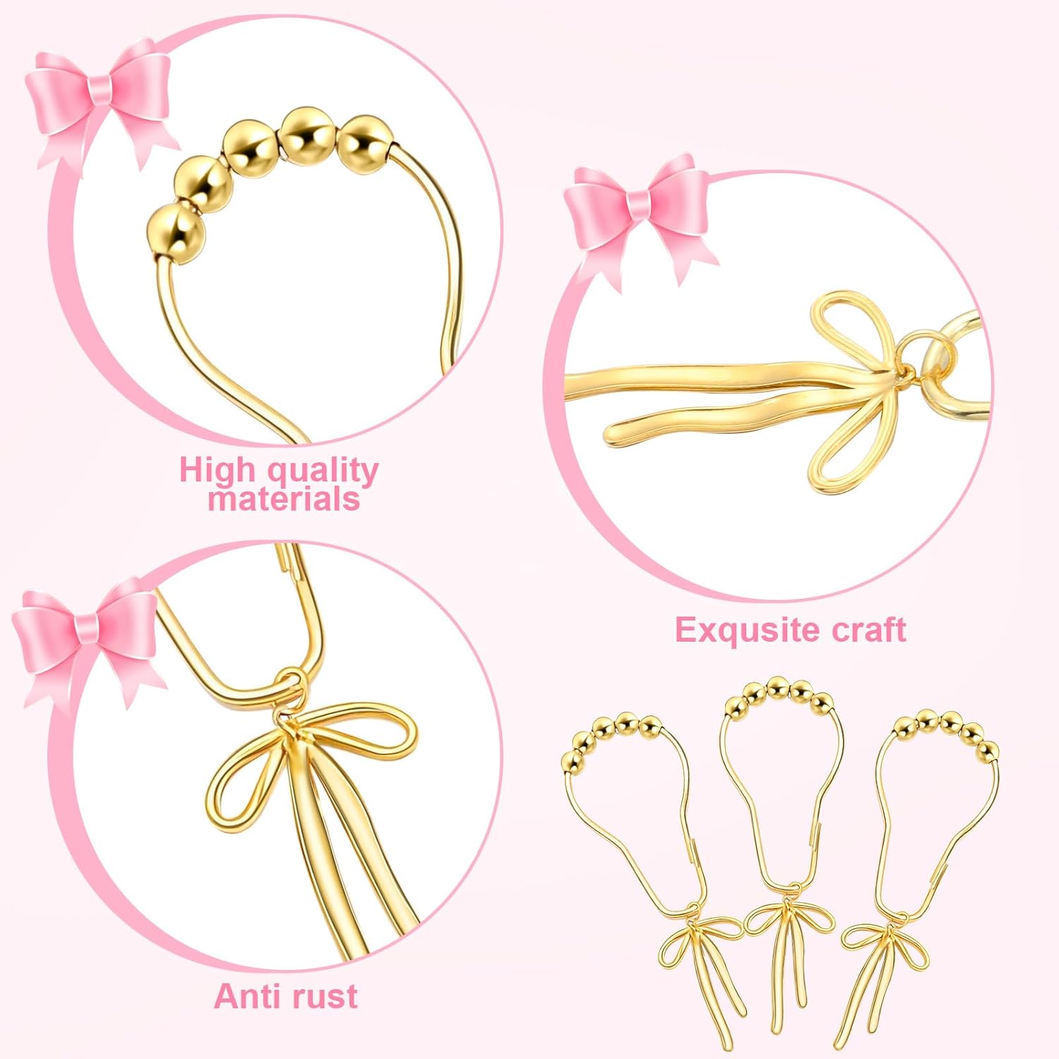 Gold Bow Knot Shower Curtain Hooks Rustproof Metal Decorative Bow Knot Shower Hangers Bulk Glide Curtain Rings 12 Pcs
