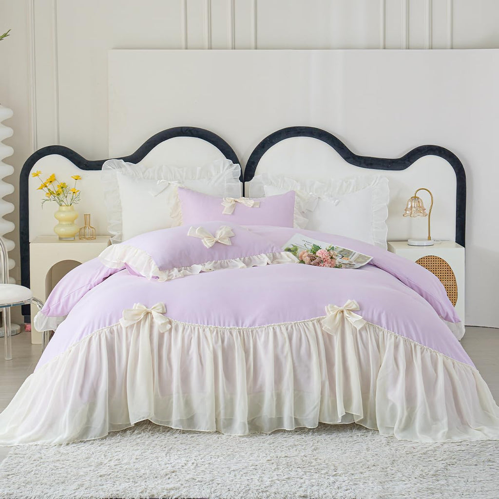 Ruffle Duvet Cover Bedding Set with Bowtie, 2 Pieces Comforter Cover Set with Zipper Closure with Pillowcase