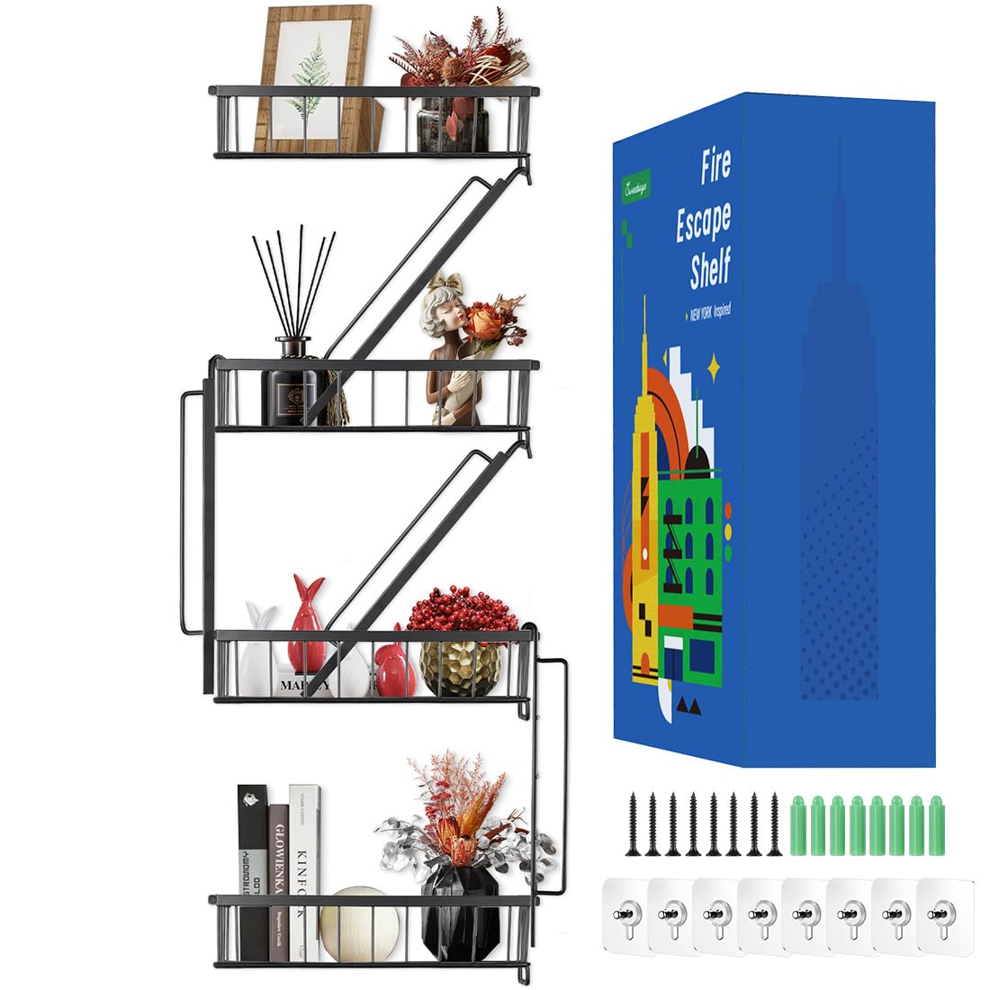 Fire Escape Shelf - Wall Decor Floating Shelves, Cute Metal Ladder Shelving for Bedroom, Home Decor Display (3-Tier)