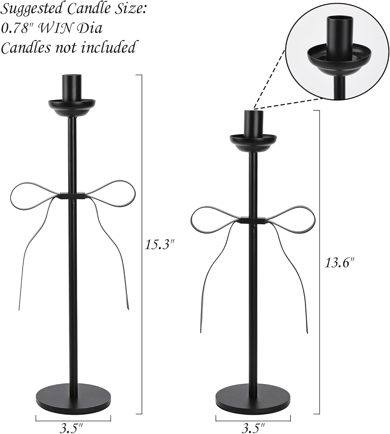 Elegant Black Taper Candlestick Holders, Set of 2 Bow Candle Stick Holders