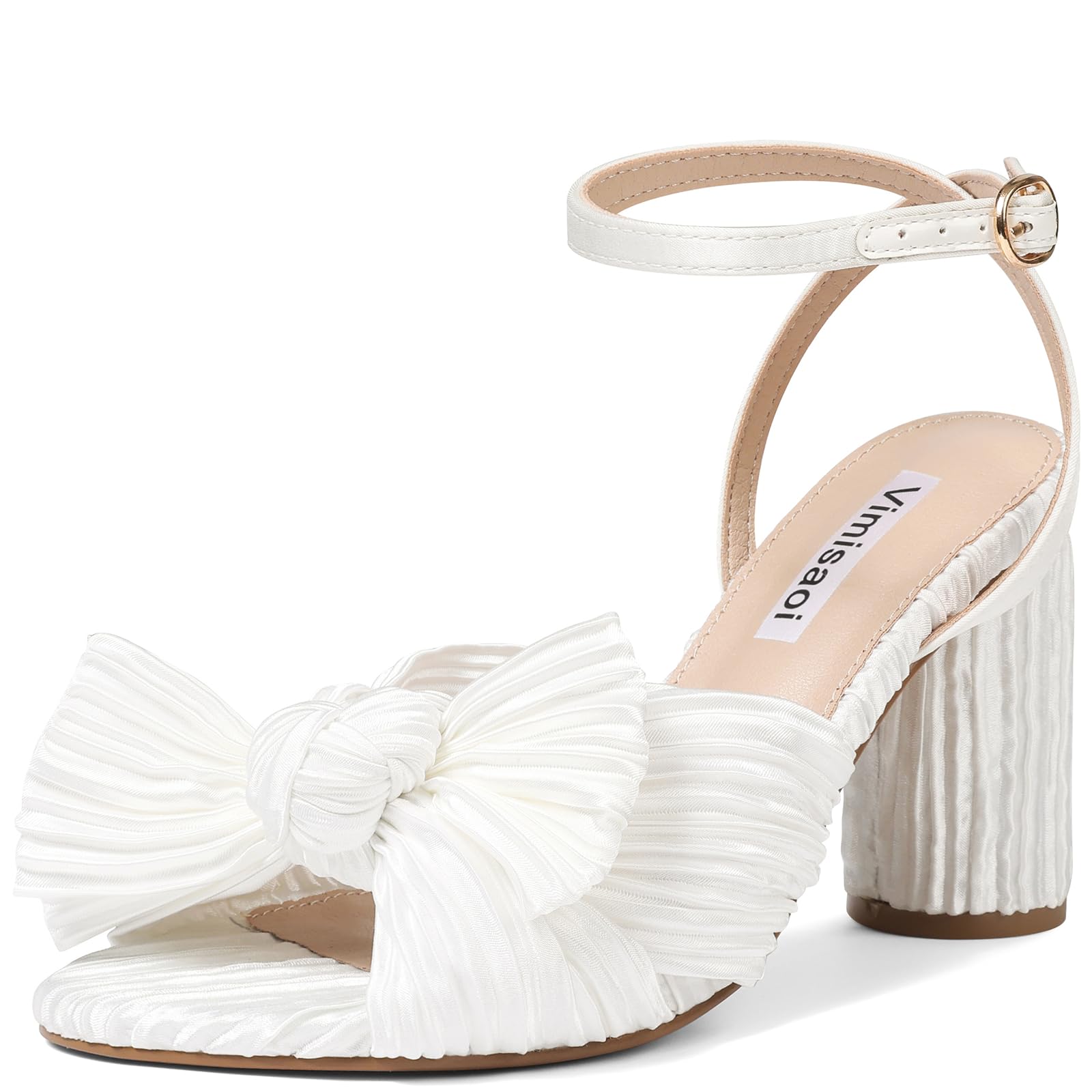 Women's High Block Chunky Heel Sandals Fashion Open Toe Ankle Buckle Strap Pleated Bow Heel