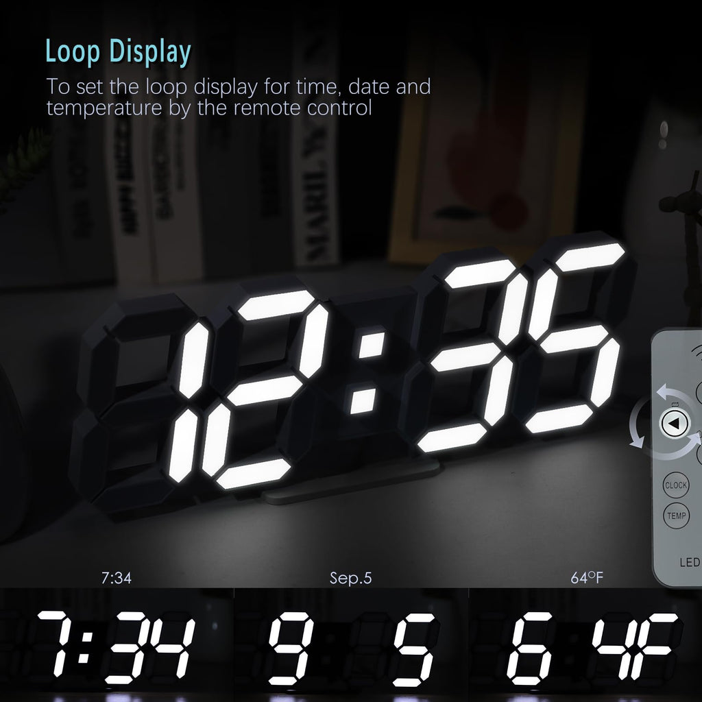 LED 3D Wall Clock 9.7" Clock with Remote/Dimming/12/24H/Temp/Alarm Clock/Date