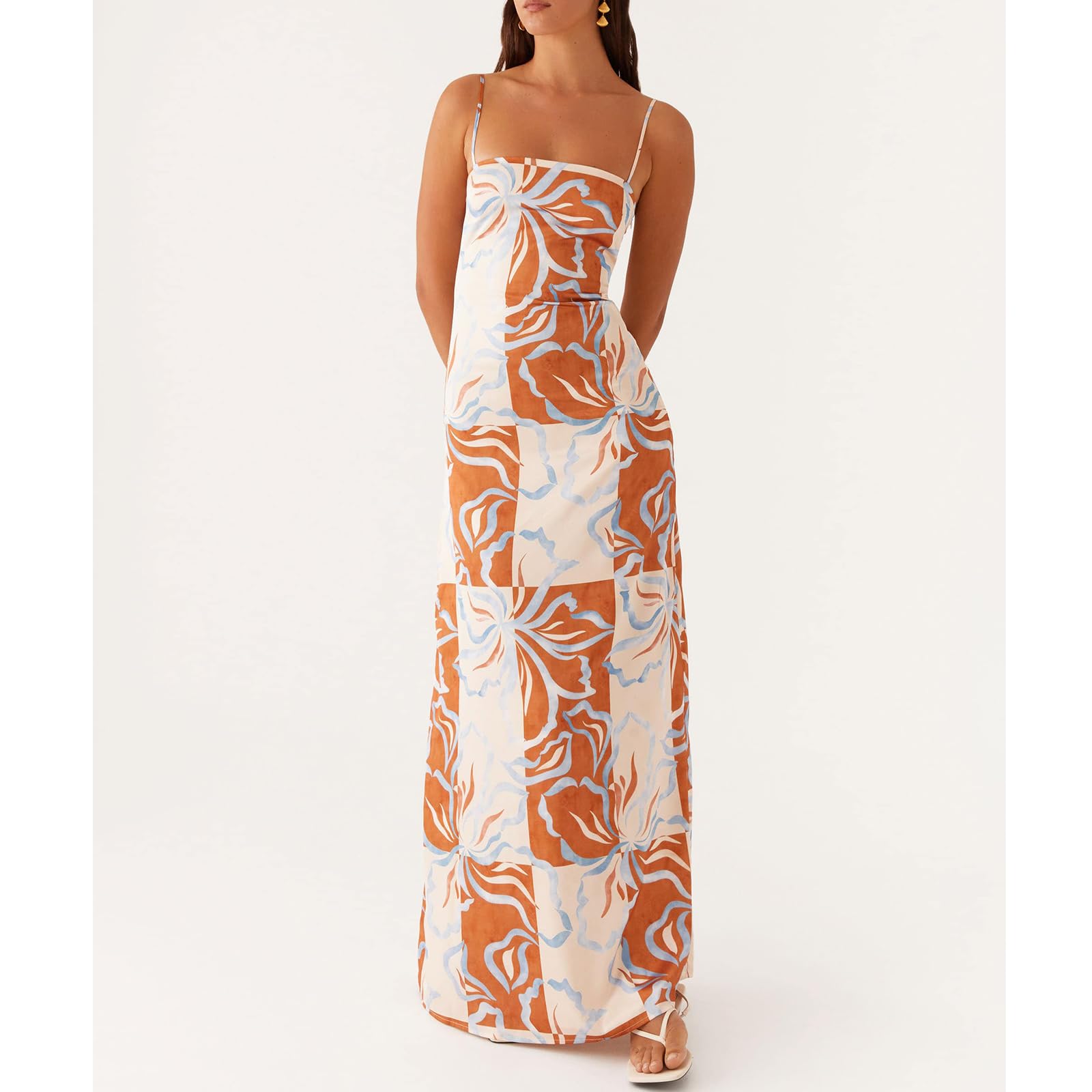 Women Floral Slip Dress Spaghetti Strap Maxi Dress Backless Slim Fit Long Dresses Flowers Print Going Out Dress