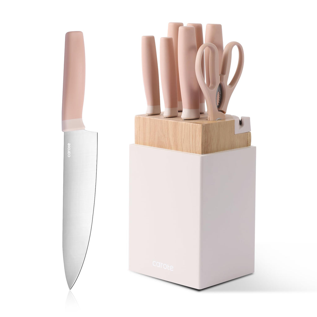 Kitchen Knife Set with Block and Sharpener, Dishwasher Safe Knife Block Set 9Pcs, Forged Cutlery with Razor-Sharp Stainless Steel Blades