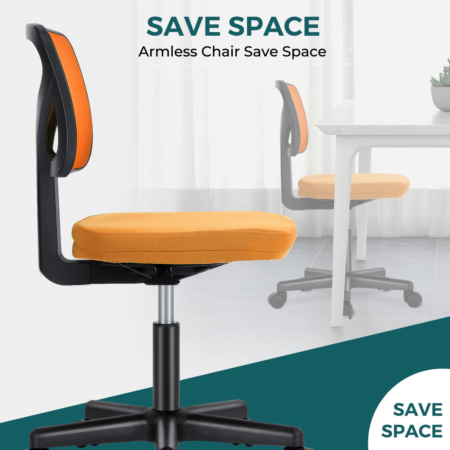 Vanity Swivel Armless Desk Chairs with Wheels, Ergonomic Adjustable Home Office Rolling Task Chair, Comfy Mesh Mid Back