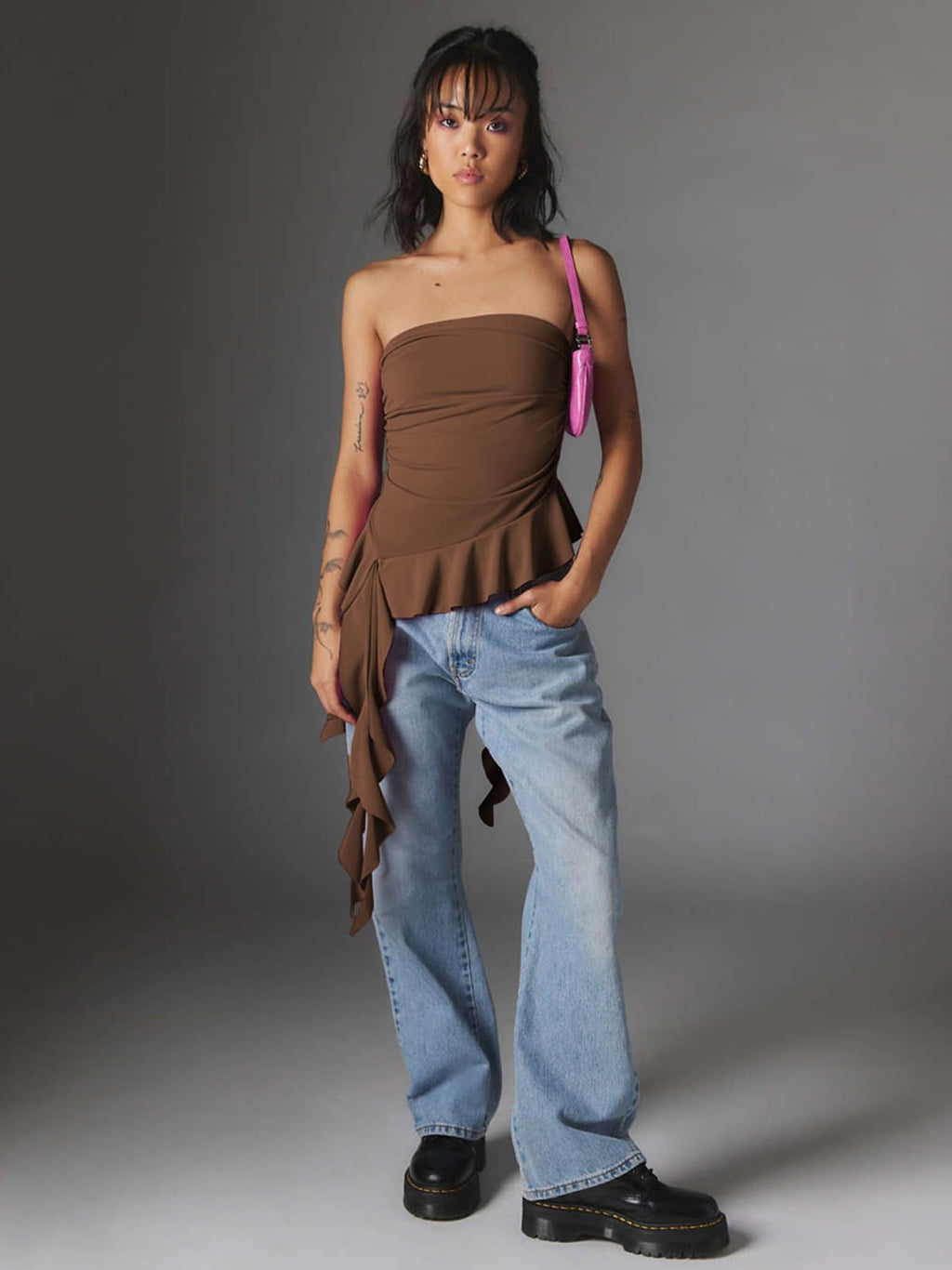 Women Strapless Tops Ruffled Asymmetrical Hem Tube Tops Ruched Bandeau Cami Tanks