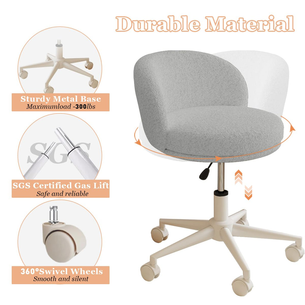 Modern Vanity Chair with Back, 360° Swivel Makeup Desk Chair Small Office Chair with Wheels, Height Adjustable Armless Computer Task Chair