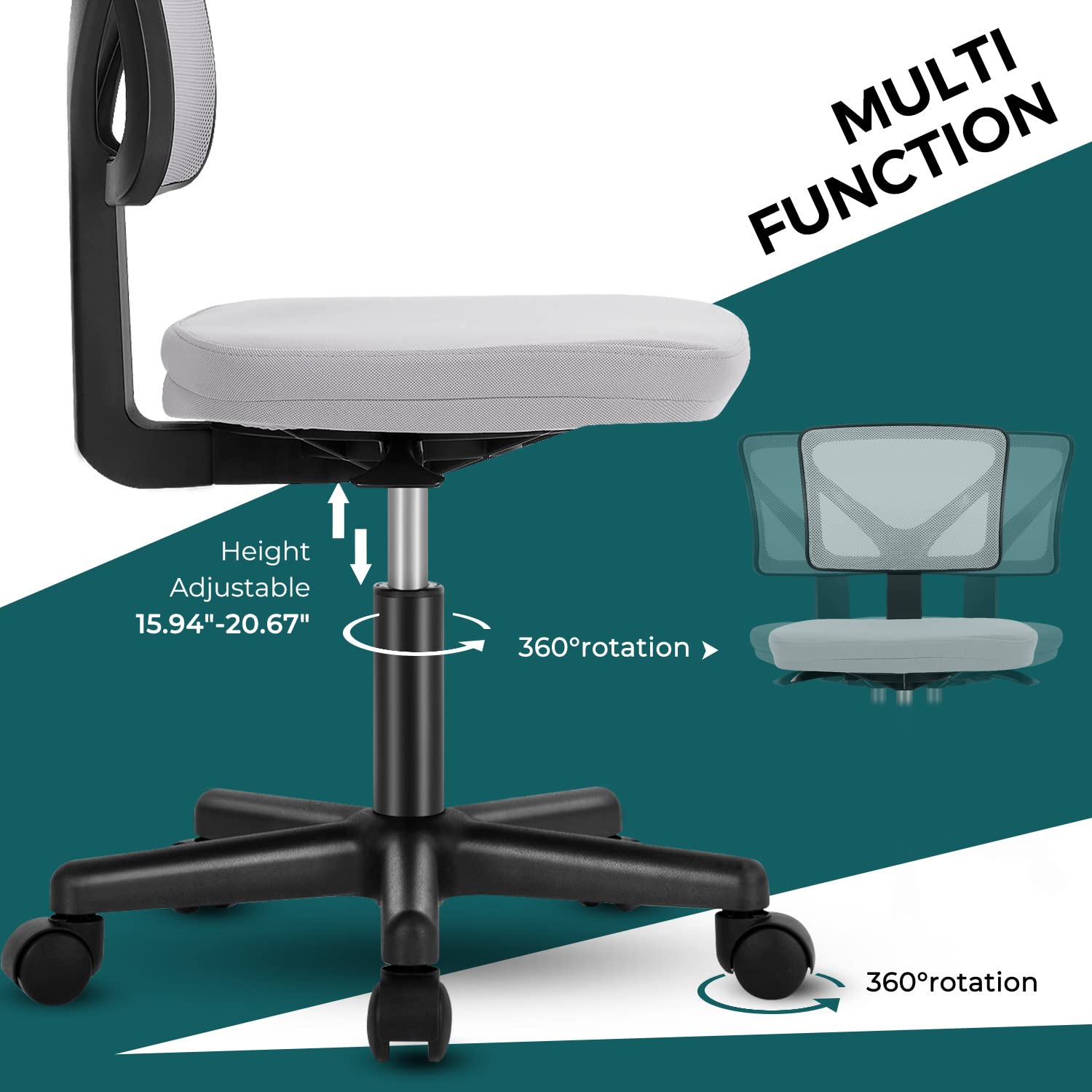 Vanity Swivel Armless Desk Chairs with Wheels, Ergonomic Adjustable Home Office Rolling Task Chair, Comfy Mesh Mid Back