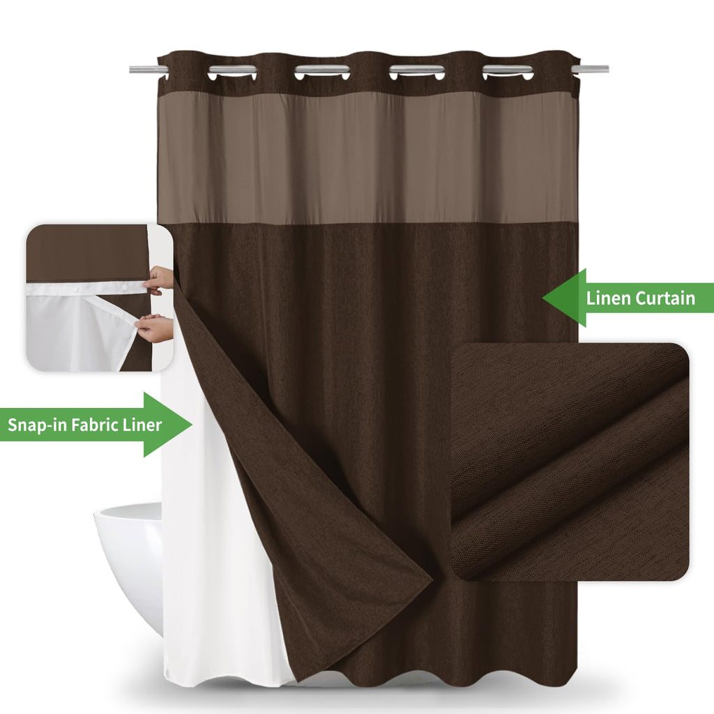 No Hooks Needed Linen Textured Shower Curtain with Snap-in Fabric Liner Set, Luxury Decor Shower Curtains for Bathroom with Mesh Top Window, Waterproof & Washable