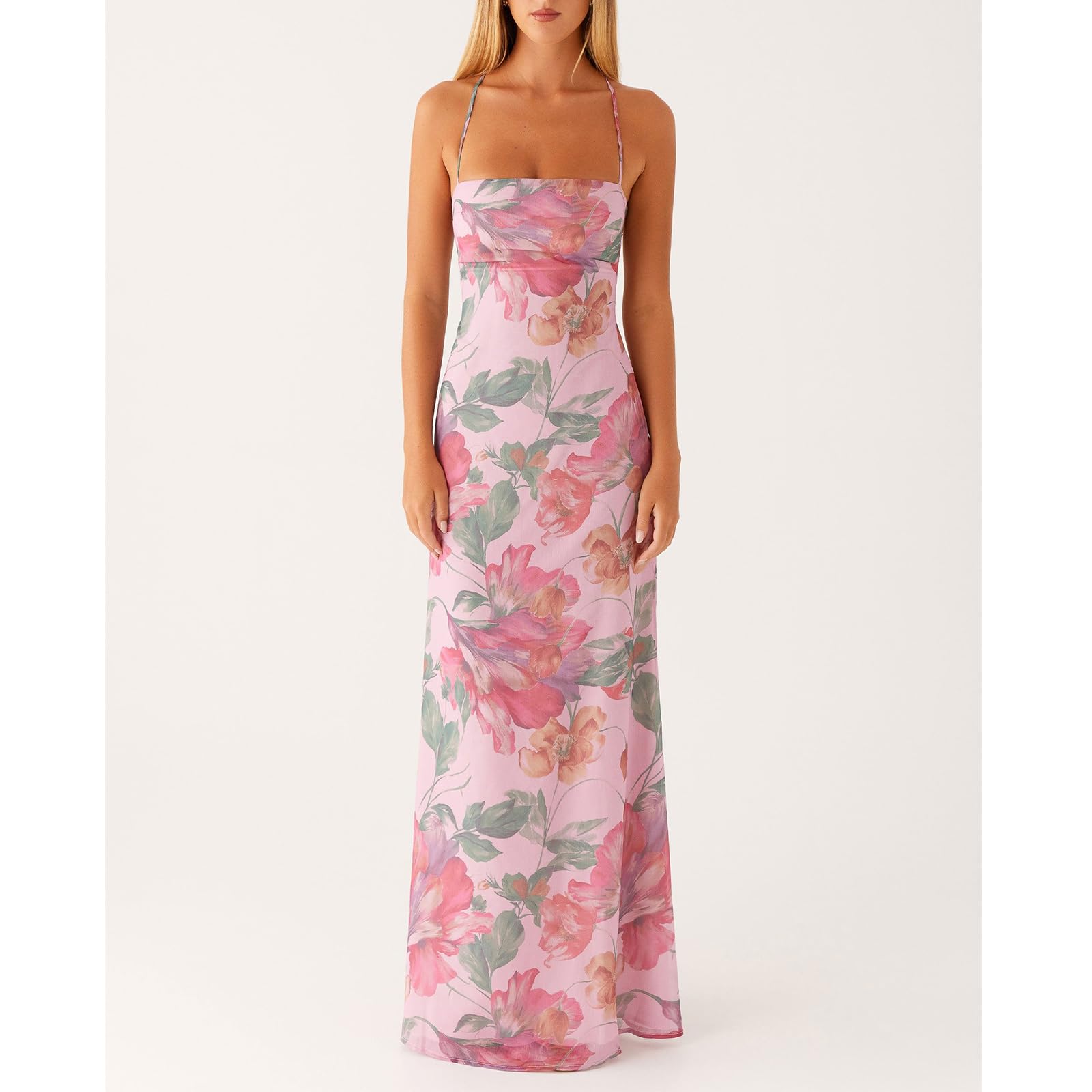 Women Floral Slip Dress Spaghetti Strap Maxi Dress Backless Slim Fit Long Dresses Flowers Print Going Out Dress