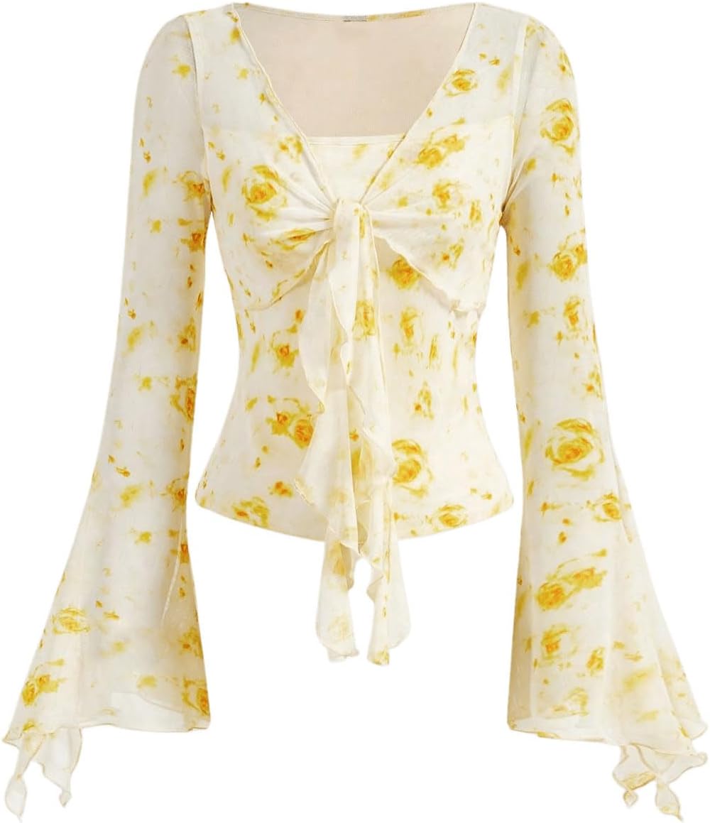 Verdusa Women's Floral Print Mesh Bell Sleeve Tie-Front Top with Lettuce Trim