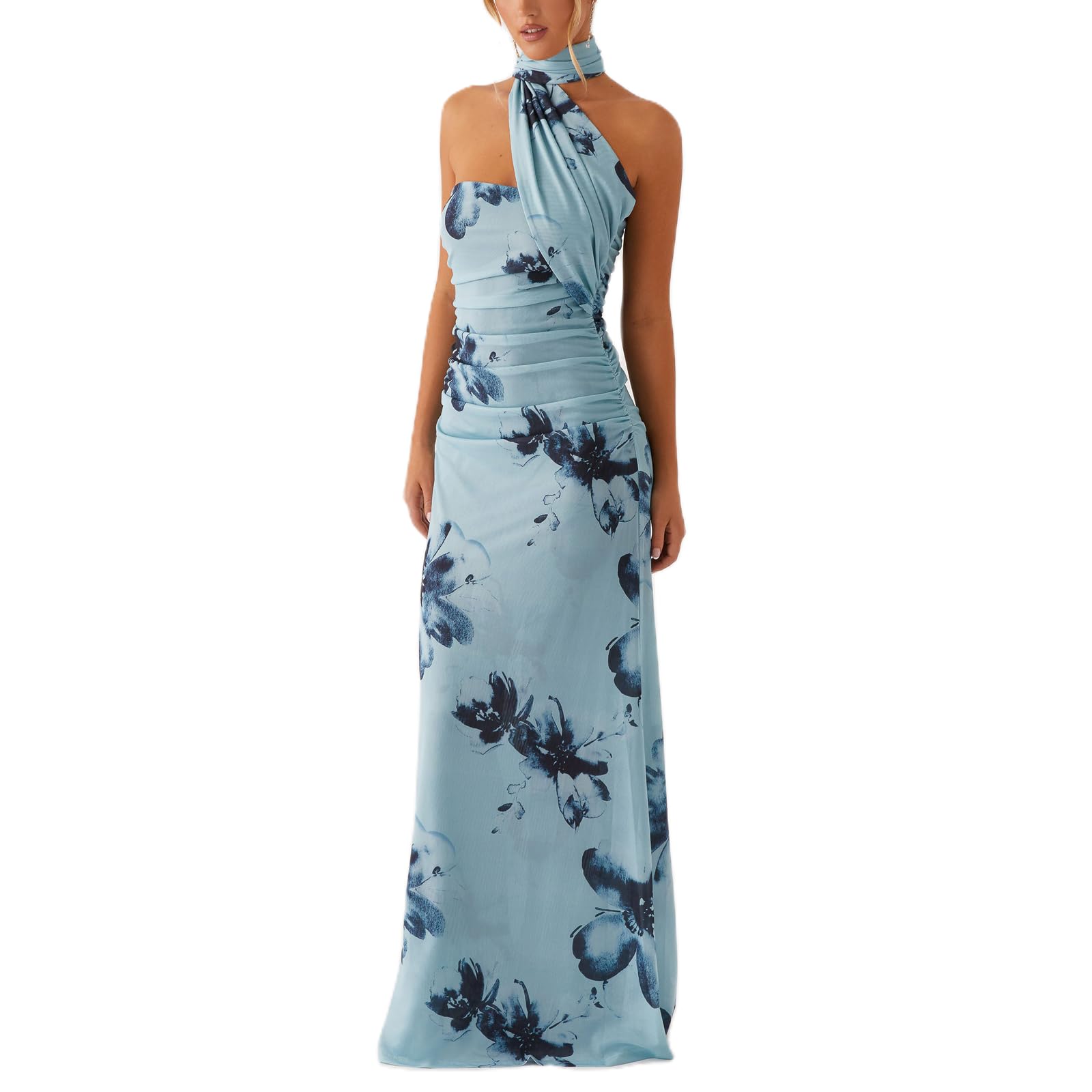 Women's Strapless Neck Scarf Floral Dresses Open Back Bodycon Long Dress Maxi Fitted Sundress