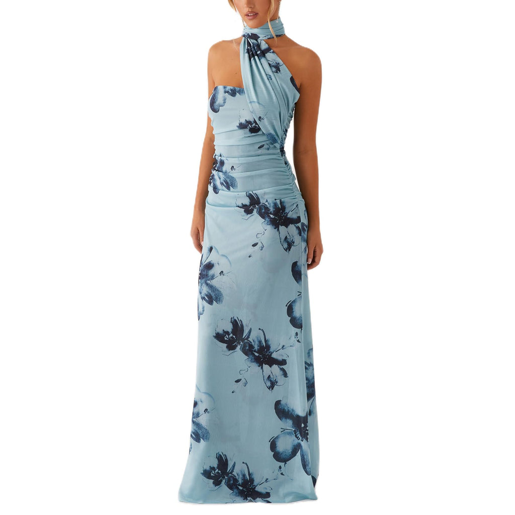 Women's Strapless Neck Scarf Floral Dresses Open Back Bodycon Long Dress Maxi Fitted Sundress