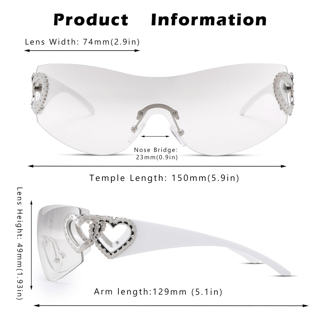 Wrap Around Heart Rhinestones Rimless Sunglasses Women Men, Oversized Fashion Futuristic Sun Glasses Cool Shade 2000S Trendy