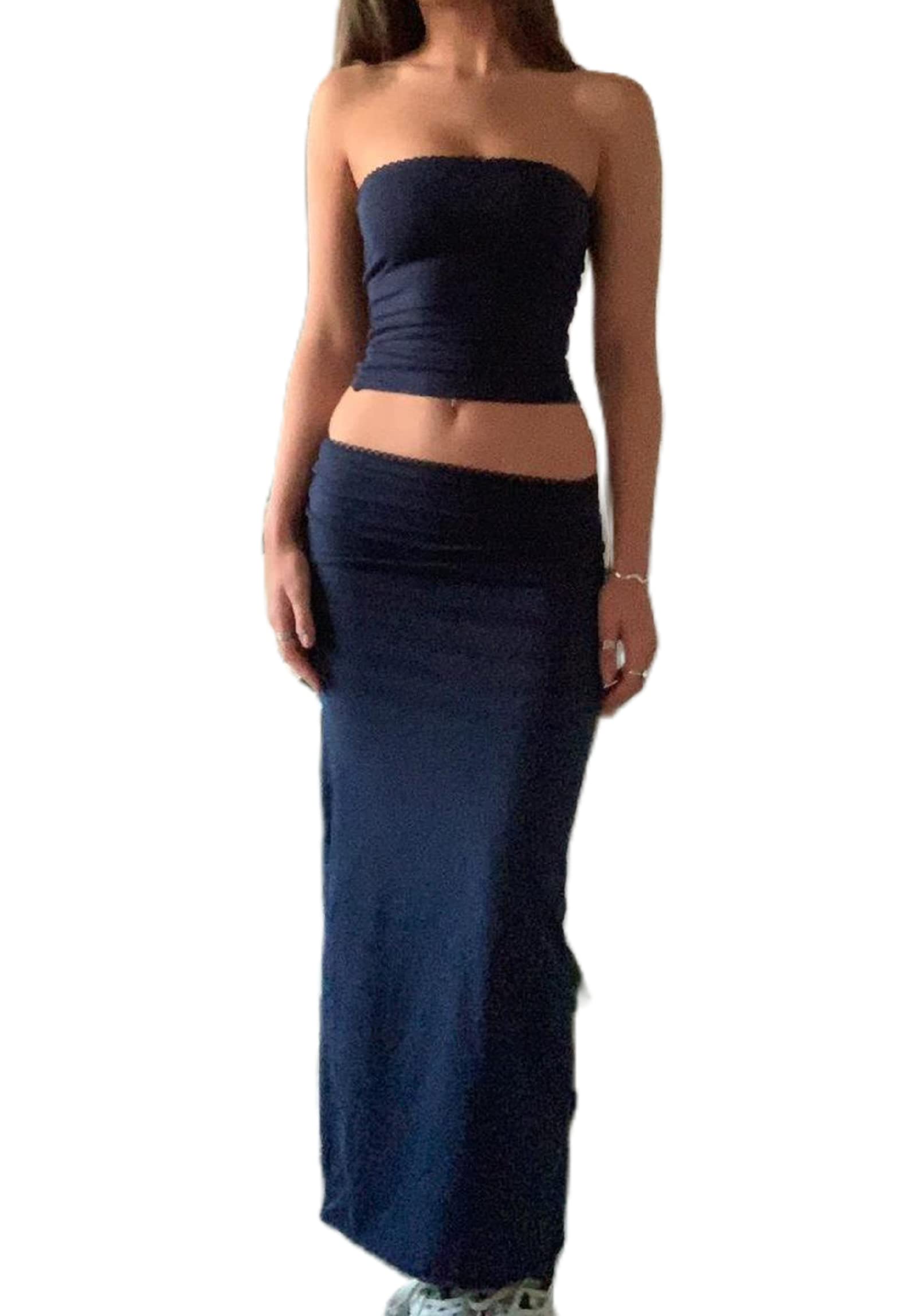 Women Y2K 2 Piece Long Skirt Set V Neck Halter Crop Top Off Shoulder Slim Fit Tube Top Split Maxi Skirts Outfit