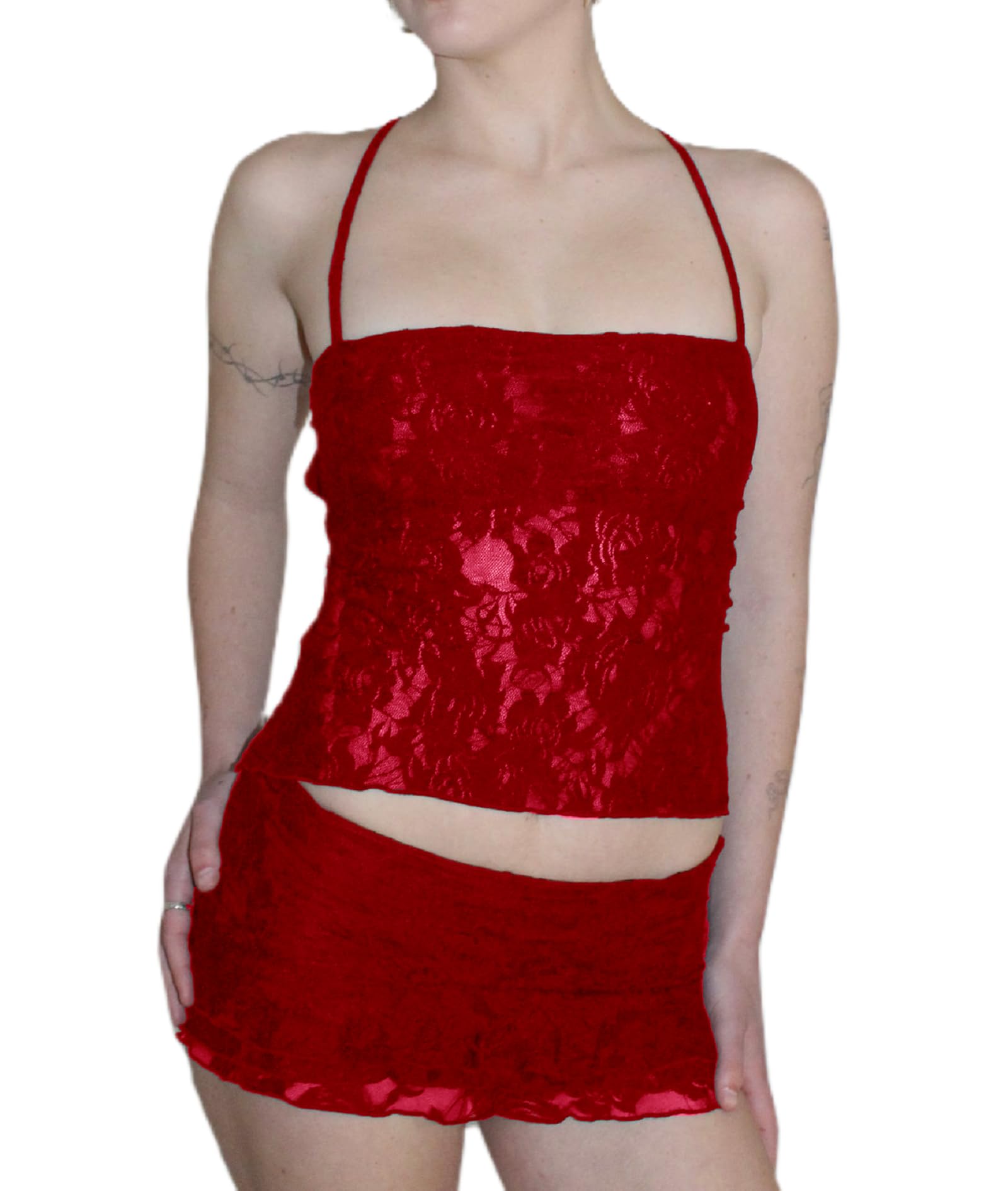 Women Y2K Lace 2 Piece Skirt Set Floral Lace Fitted Crop Cami Top See Through Low Waist Skirt Outfit Streetwear