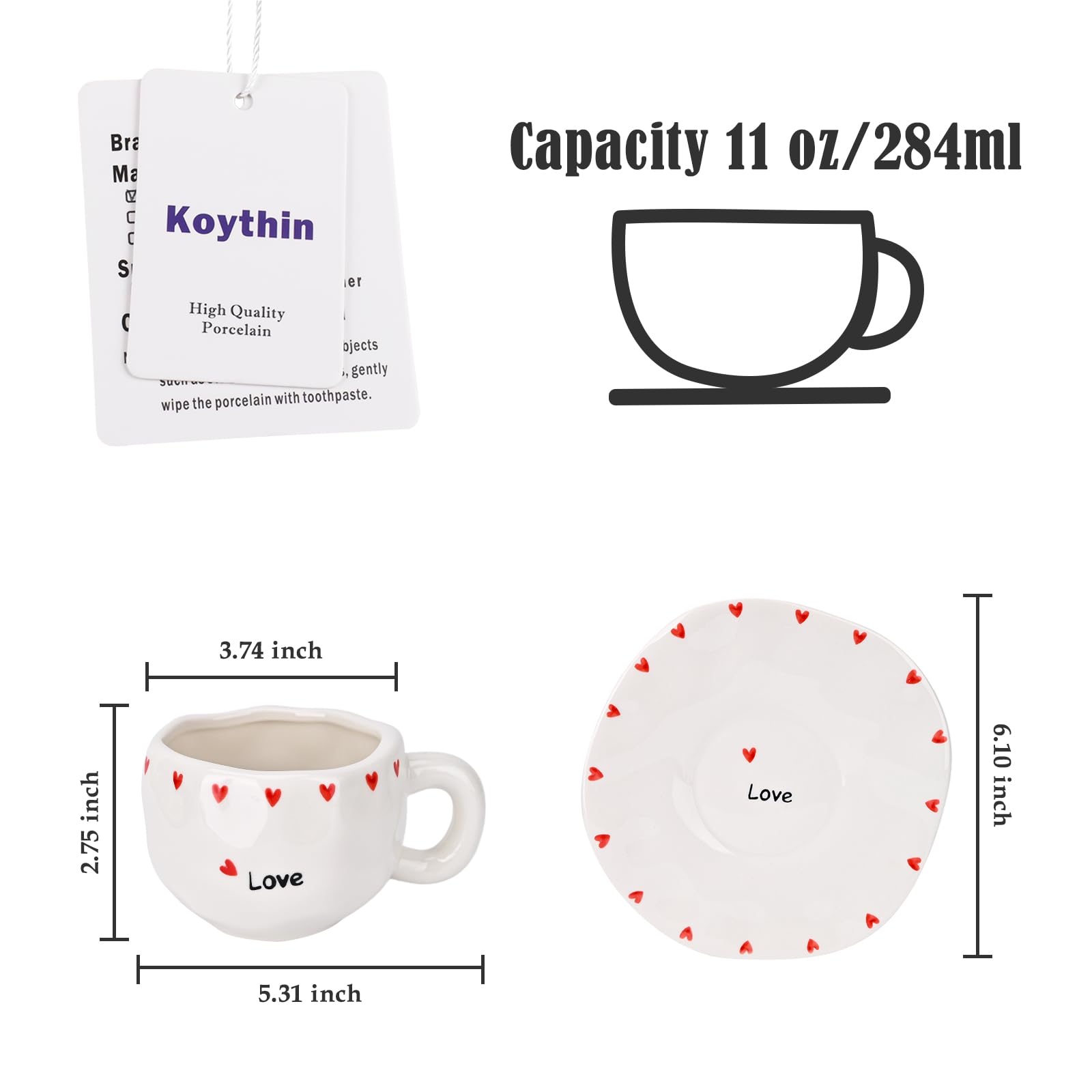 Ceramic Coffee Mug with Saucer Set, Cute Creative Cup Unique Irregular Design, 10 oz/300 ml