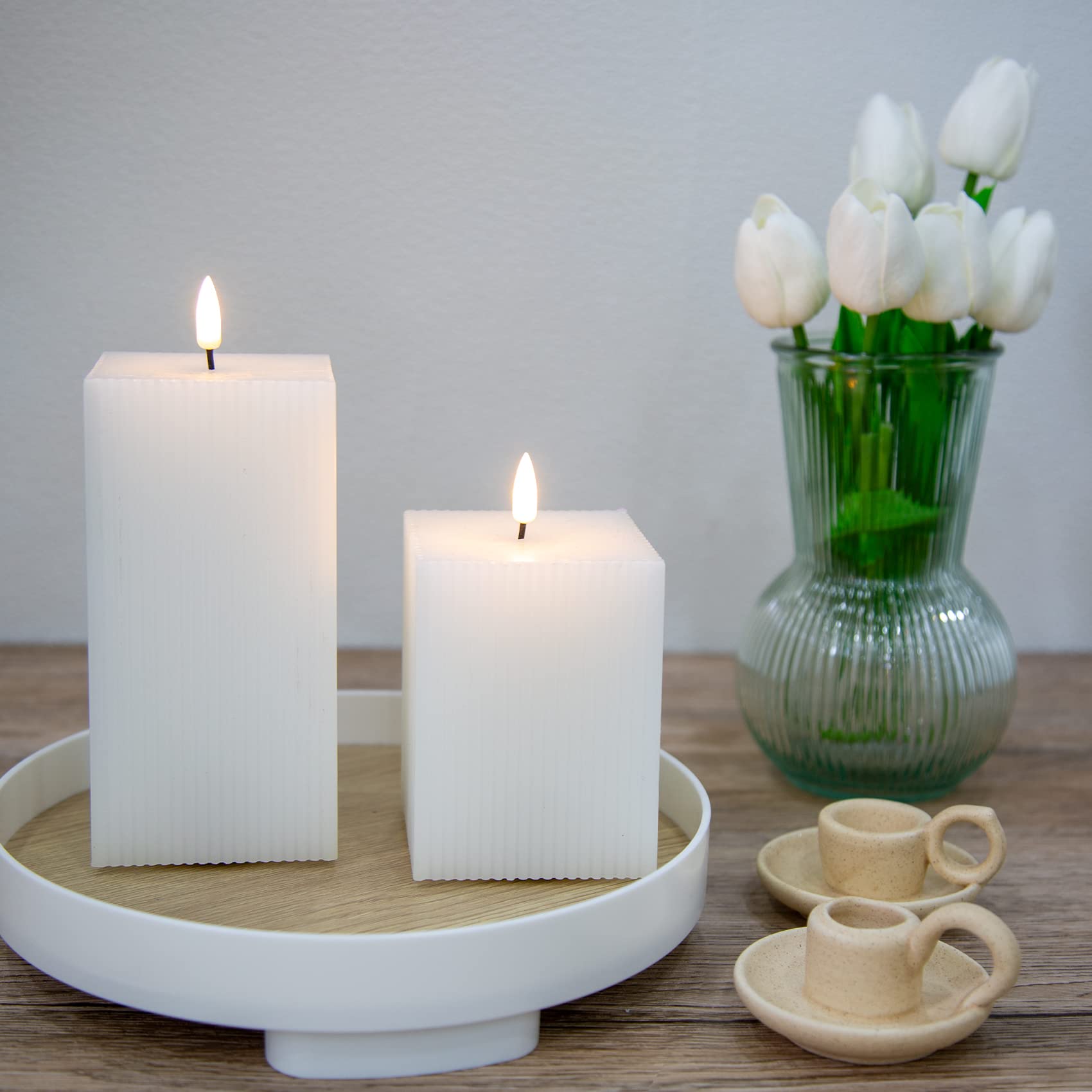 Square Ribbed Flameless Candles with Remote, Flickering Real Wax Battery LED Candles 3" H 4" 6"