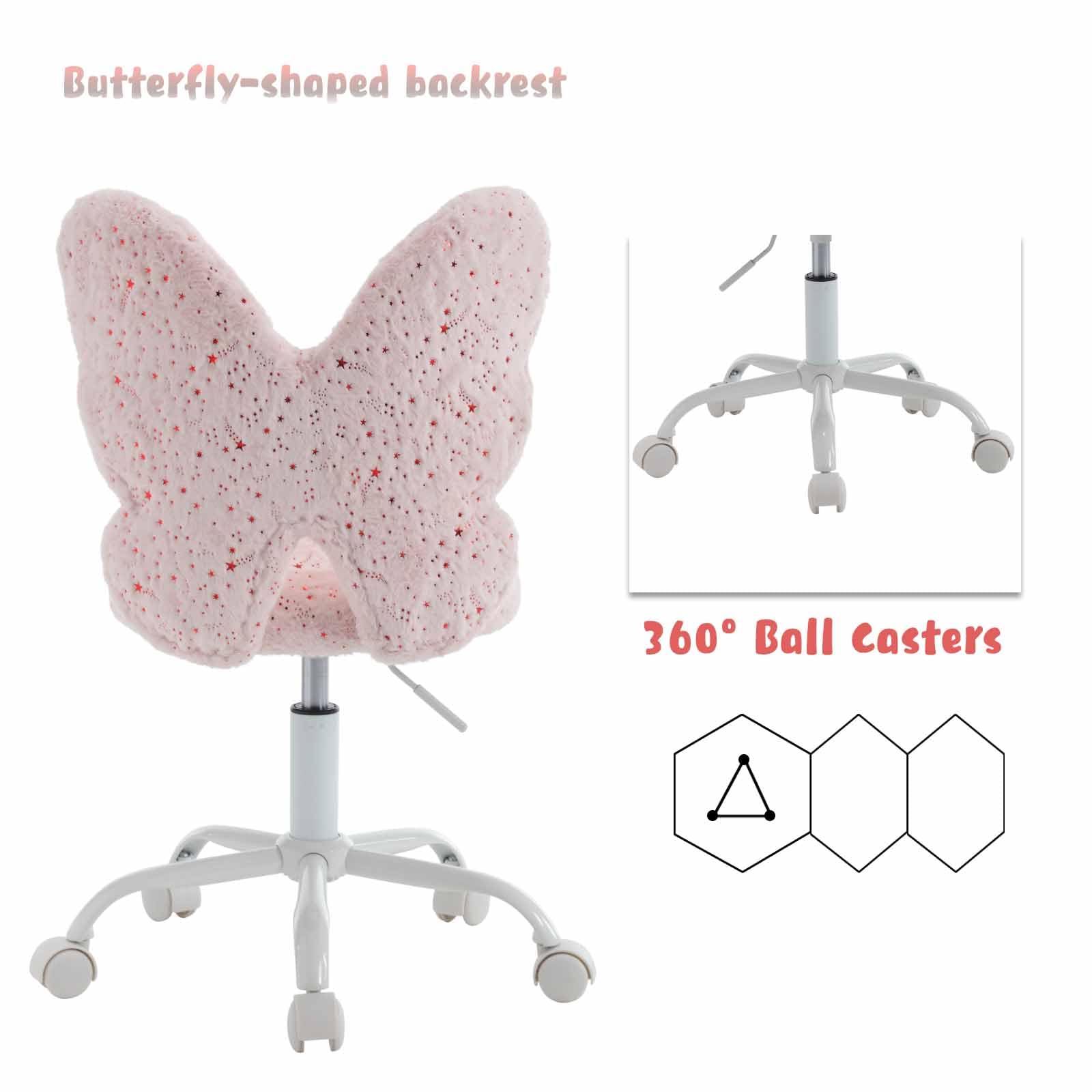 Kids Desk Chair Butterfly Faux Fur Study Chair Adjustable Vanity Chair, Small Cute Student Task Chair with White Foot