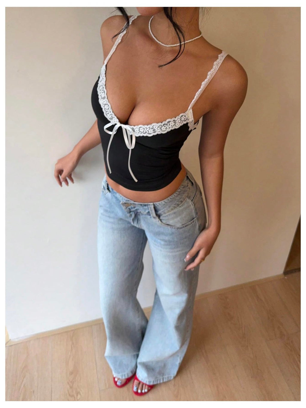 Women's Floral Lace V Neck Camisole Bow Spaghetti Strap Going Out Tank Crop Top