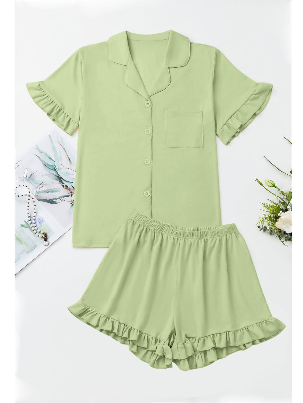 Women's Button Down V Neck Short Sleeve Ruffle Trim Top with Shorts Sleepwear Pajamas Set