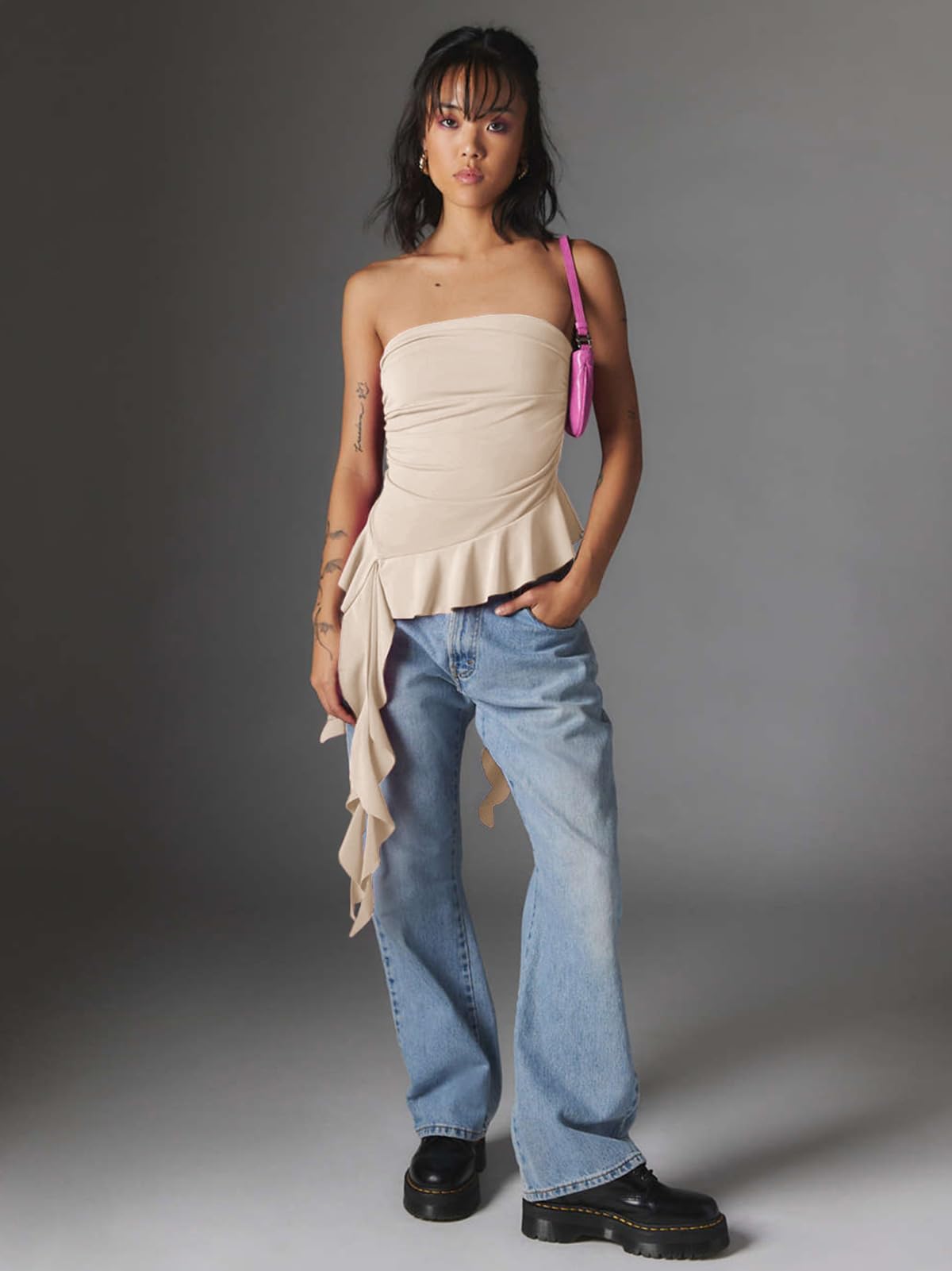 Women Strapless Tops Ruffled Asymmetrical Hem Tube Tops Ruched Bandeau Cami Tanks