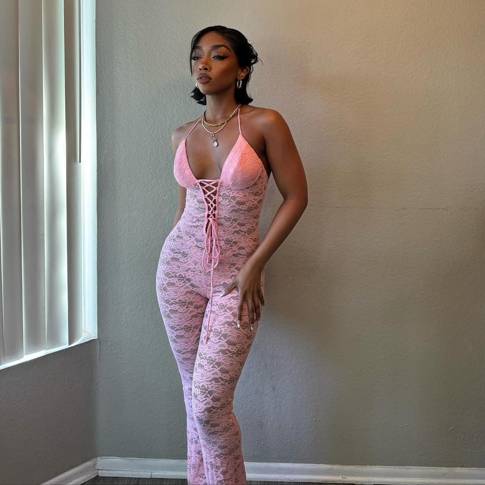 Women's Lace Jumpsuits Stretch See Through V Neck Drawstring Backless Flare Pants Rompers Sexy One Piece Outfits