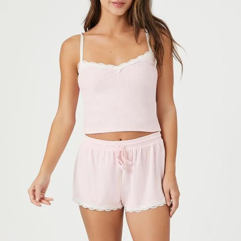 Women Sexy 2 Piece Pajama Set Sleeveless Lace Trim Crop Cami Top and Shorts Pj Set Y2K Sleepwear Lounge Outfits