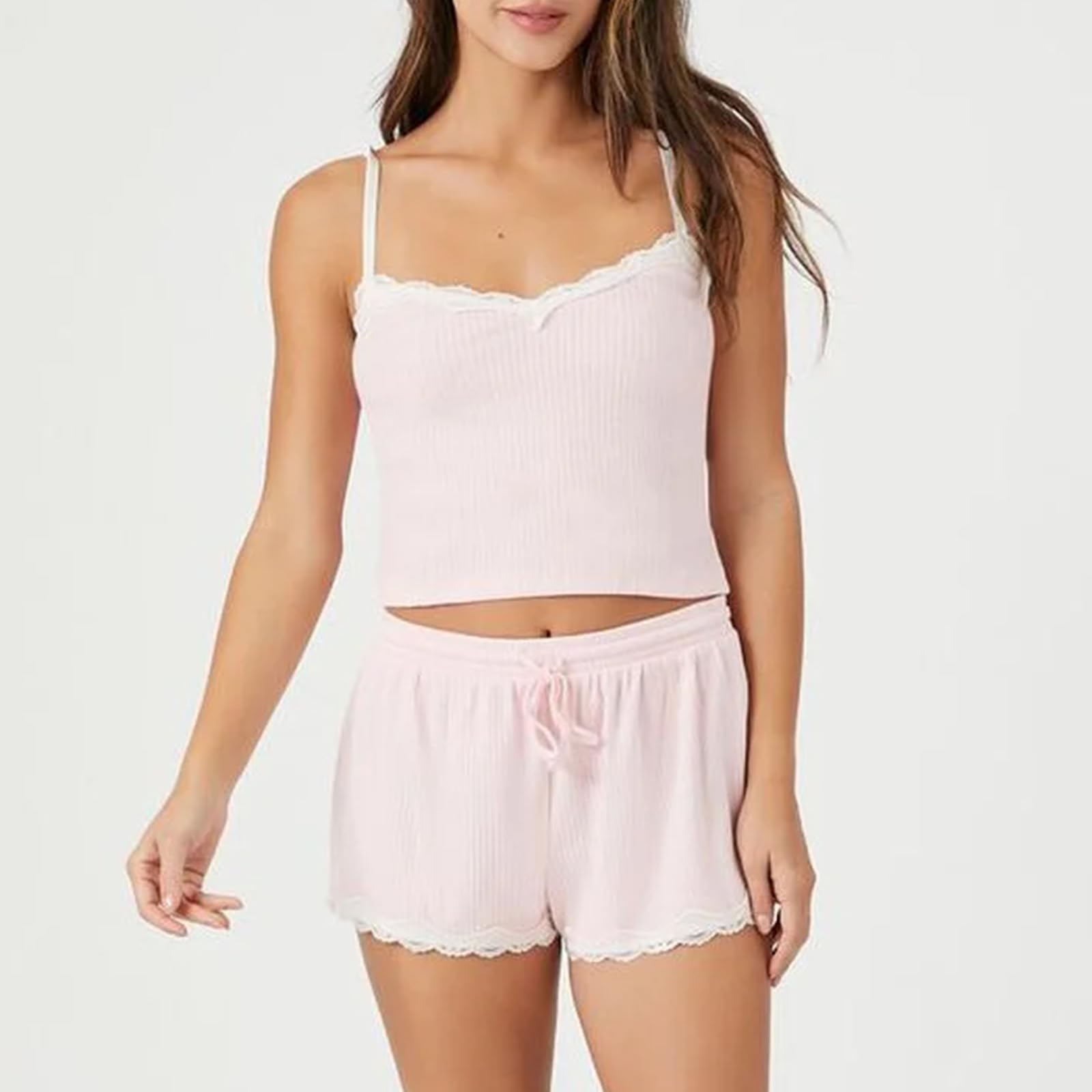 Women Sexy 2 Piece Pajama Set Sleeveless Lace Trim Crop Cami Top and Shorts Pj Set Y2K Sleepwear Lounge Outfits